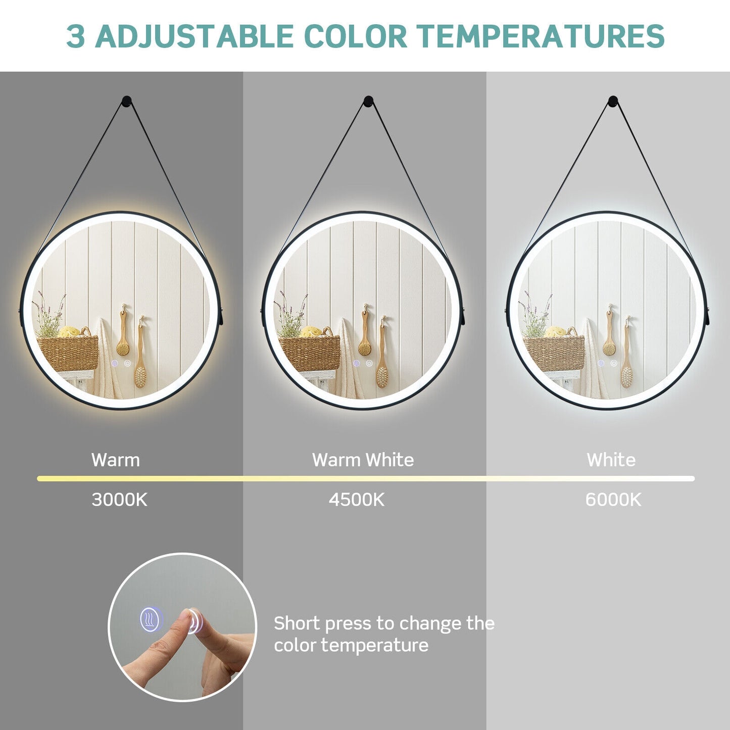 24 Inch Round LED Bathroom Mirror with 3 Color Temperatures, Anti-Fog Function & Adjustable Strap