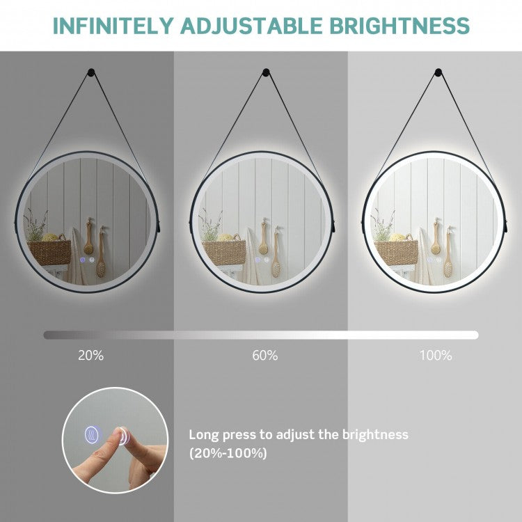24 Inch Round LED Bathroom Mirror with 3 Color Temperatures, Anti-Fog Function & Adjustable Strap