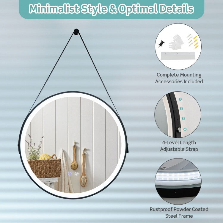 24 Inch Round LED Bathroom Mirror with 3 Color Temperatures, Anti-Fog Function & Adjustable Strap