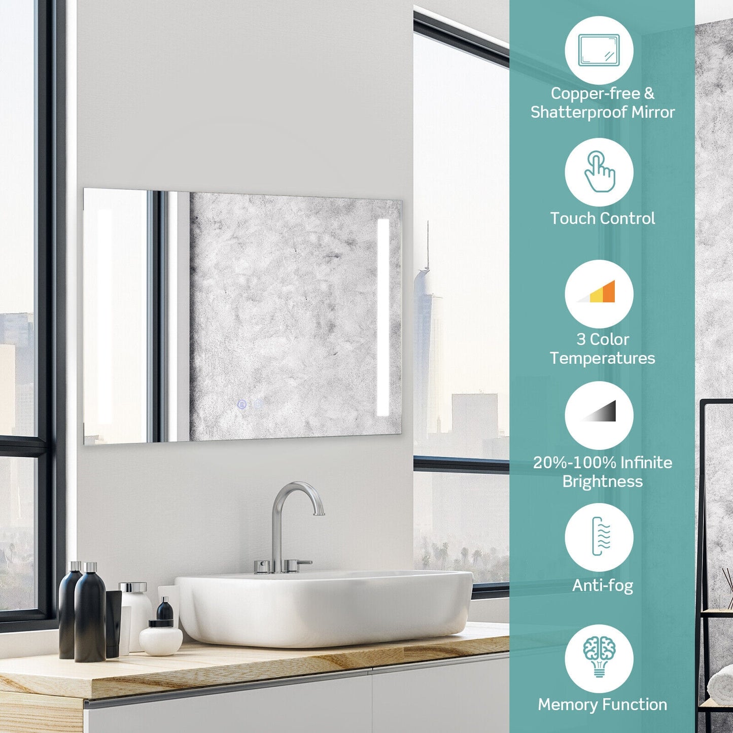 32 x 24 Inch LED Wall Mirror with 3 Color Lighting, Anti-Fog Function, and Memory Feature