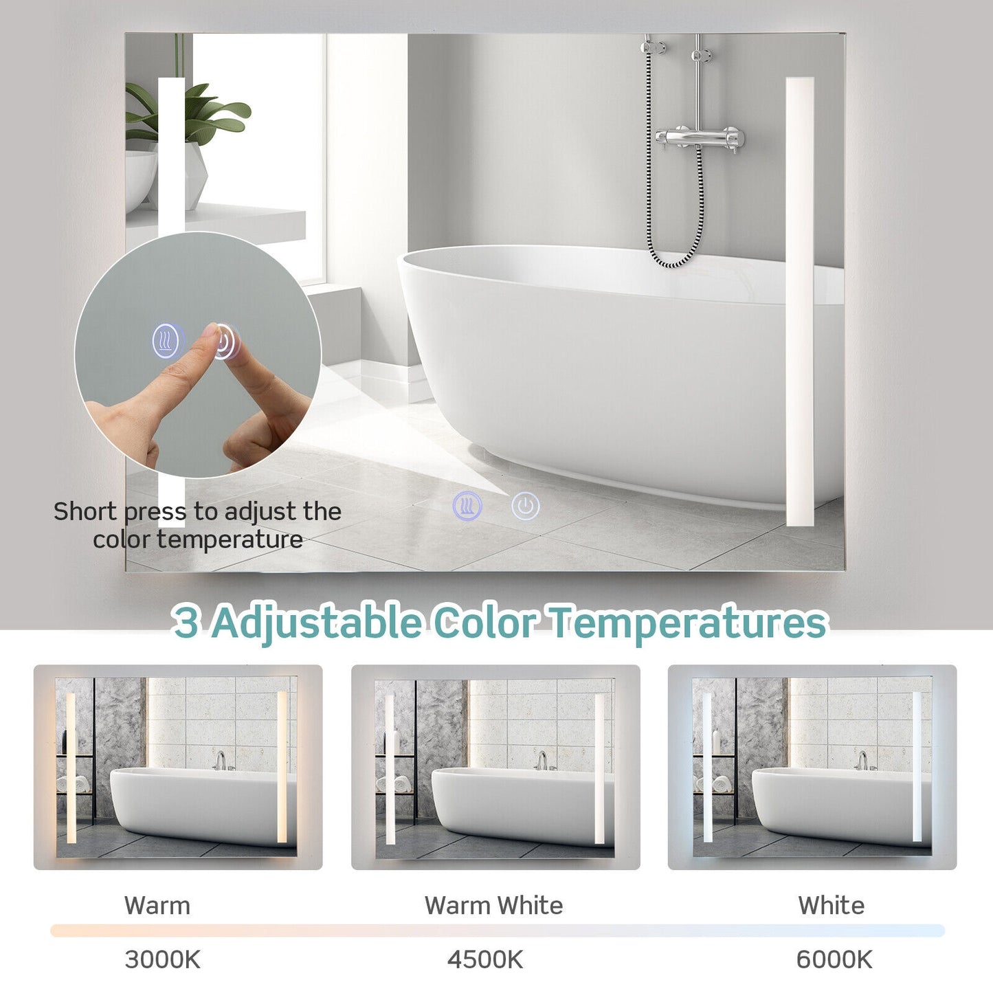 32 x 24 Inch LED Wall Mirror with 3 Color Lighting, Anti-Fog Function, and Memory Feature