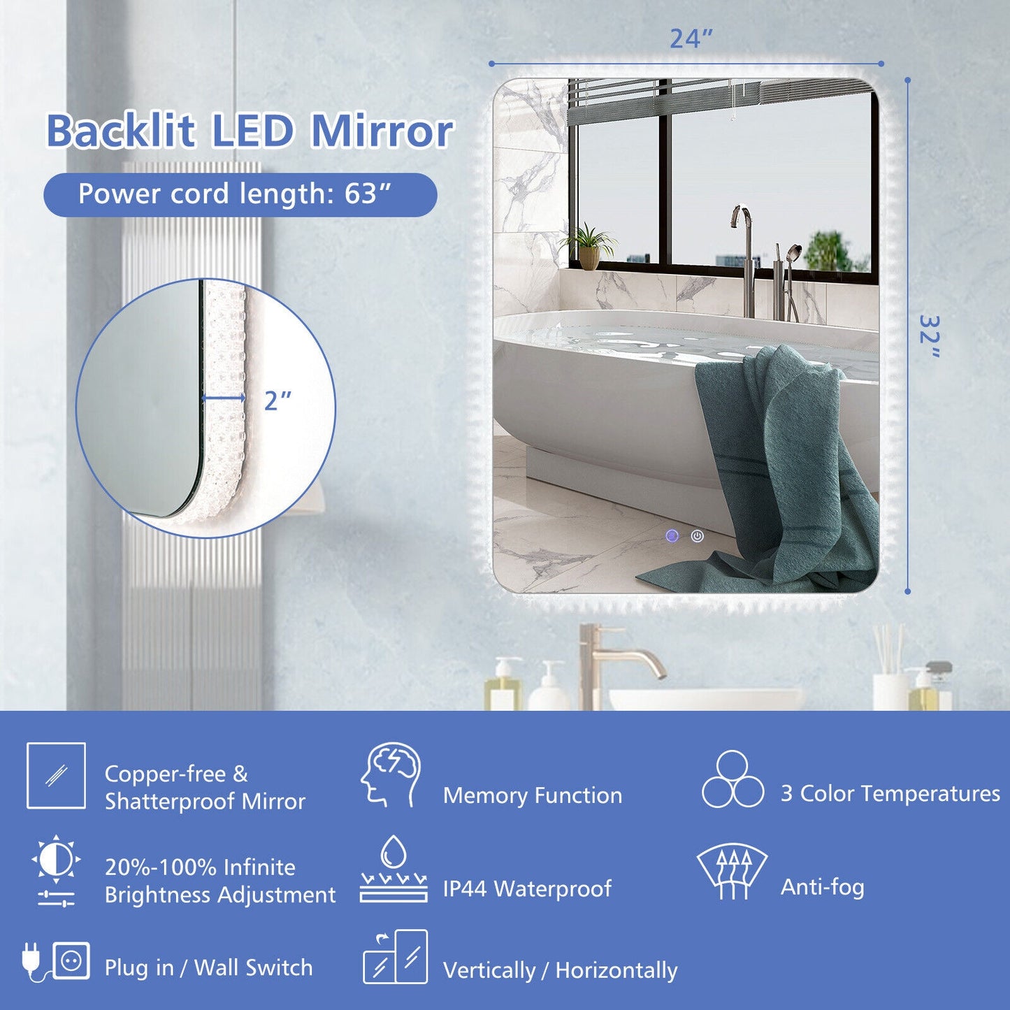 32 x 24 Inch LED Wall Mirror with Shatterproof Glass, 3 Color Lighting, and Anti-Fog Function