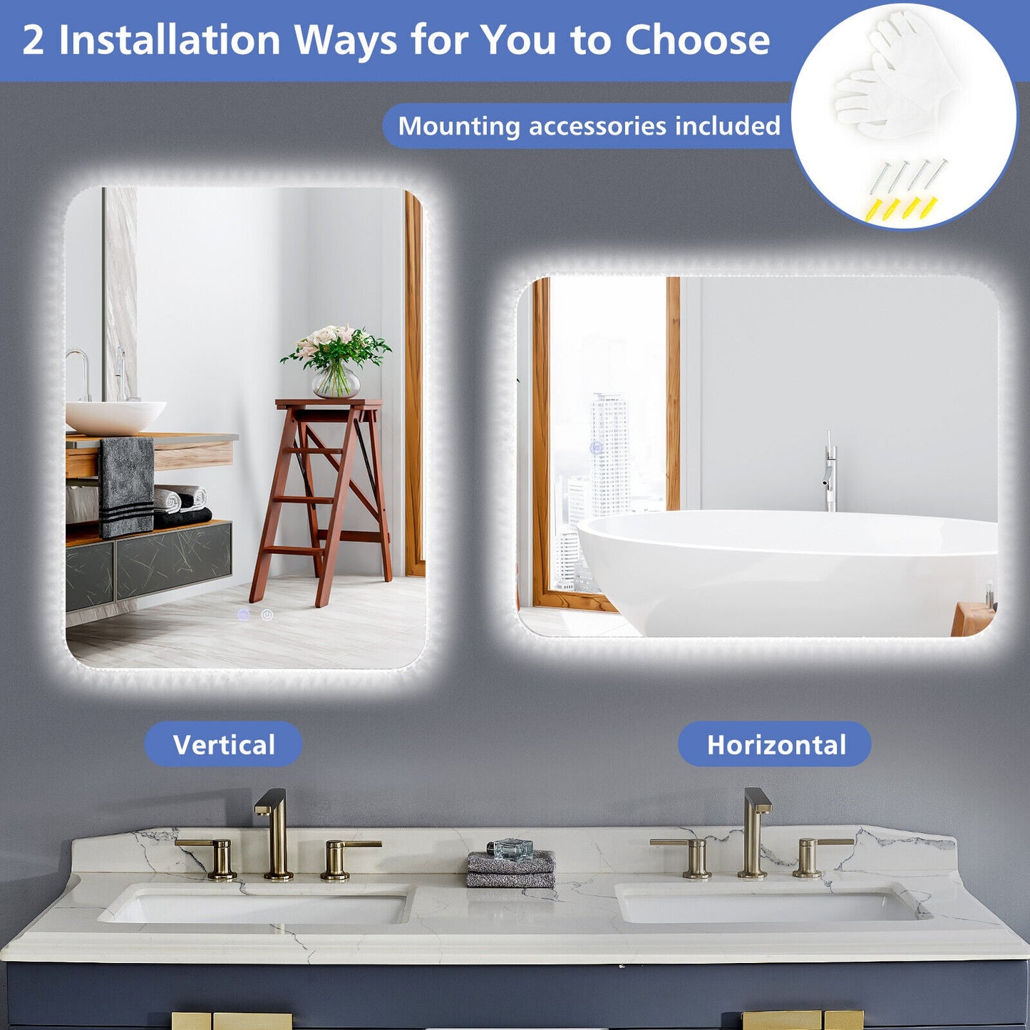32 x 24 Inch LED Wall Mirror with Shatterproof Glass, 3 Color Lighting, and Anti-Fog Function