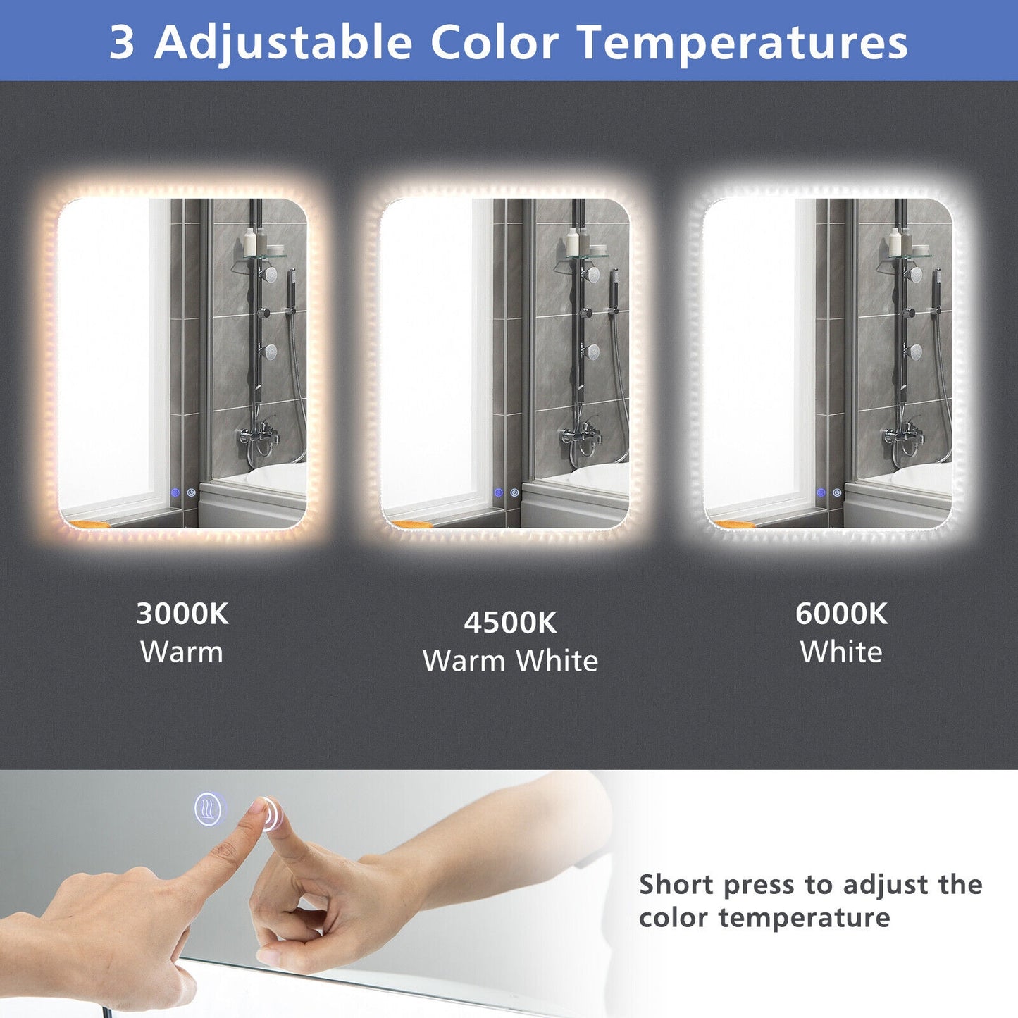 32 x 24 Inch LED Wall Mirror with Shatterproof Glass, 3 Color Lighting, and Anti-Fog Function