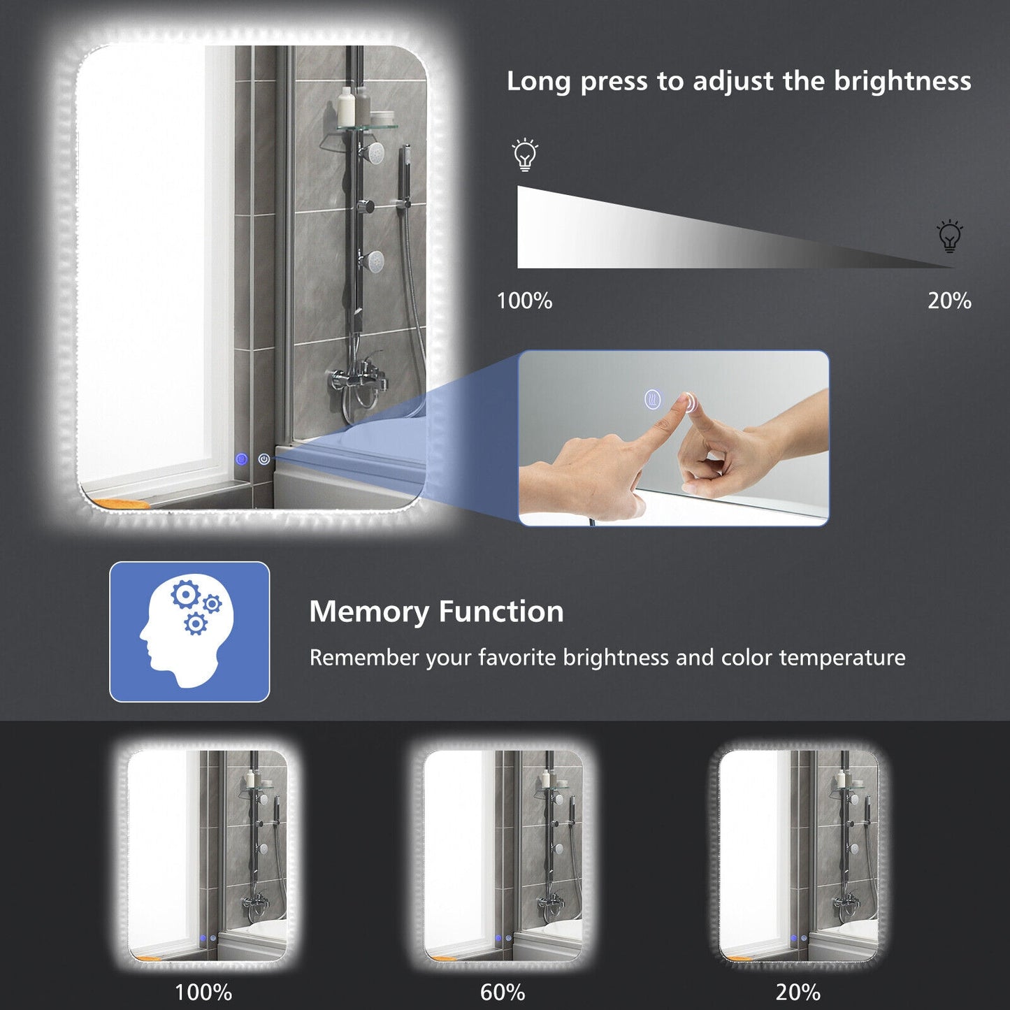 32 x 24 Inch LED Wall Mirror with Shatterproof Glass, 3 Color Lighting, and Anti-Fog Function