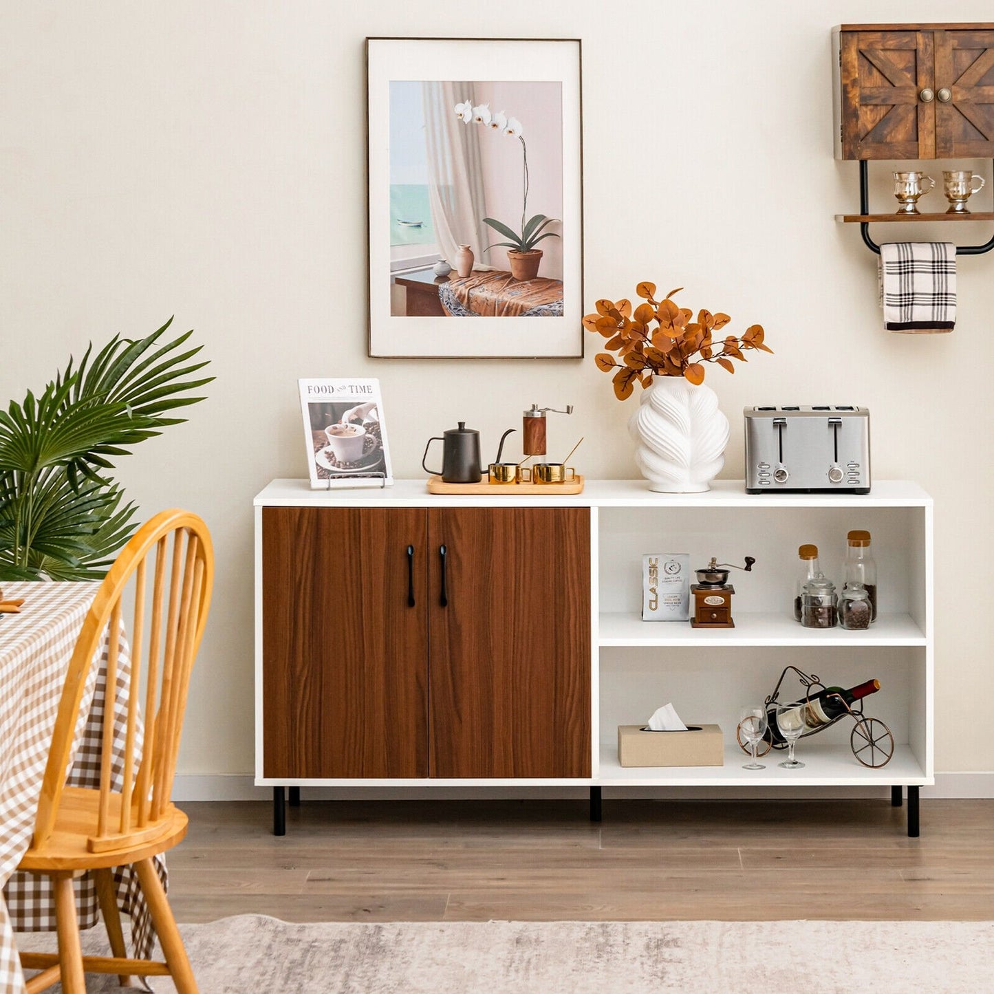 Contemporary Storage Sideboard Cabinet with 2 Doors and Open Display Shelves
