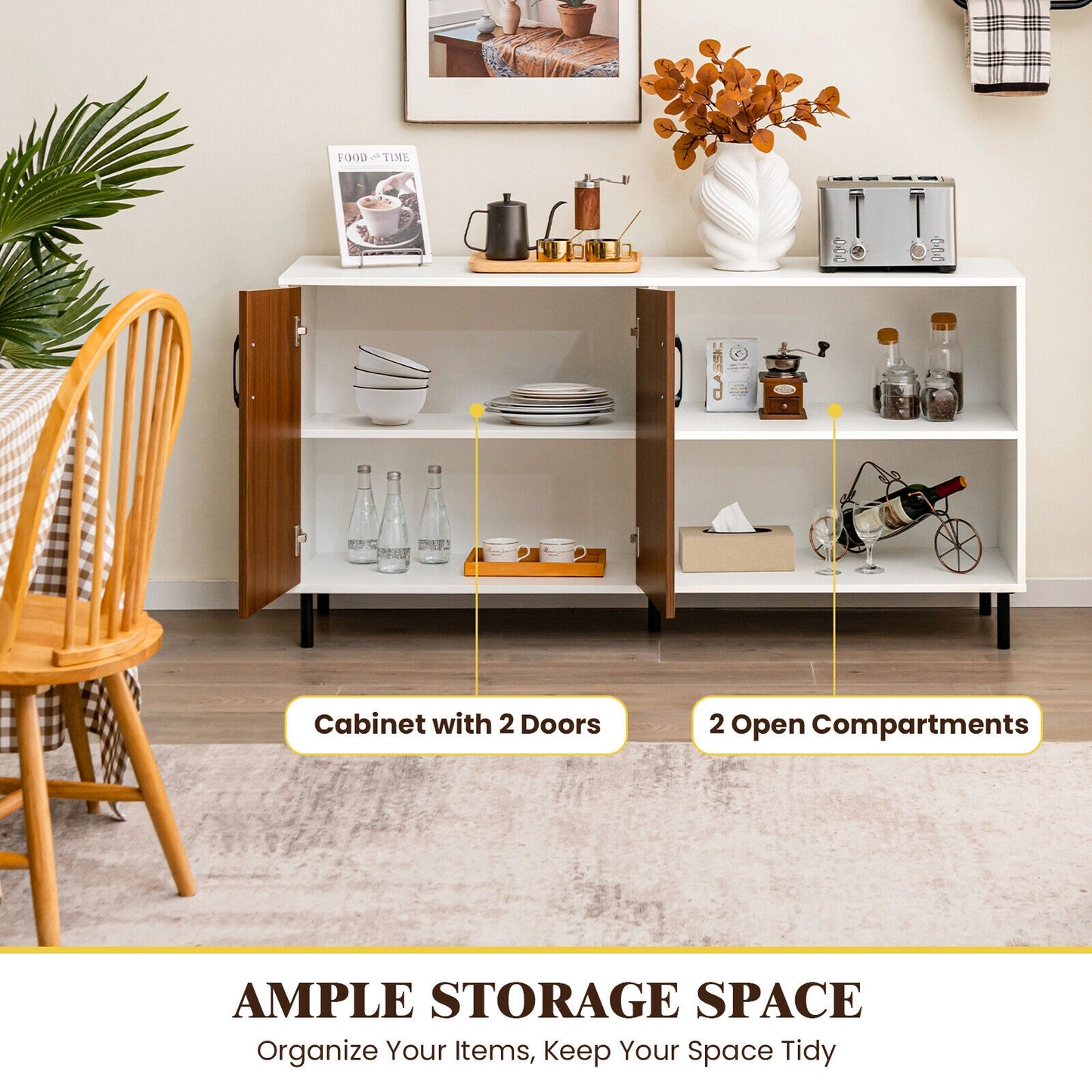 Contemporary Storage Sideboard Cabinet with 2 Doors and Open Display Shelves