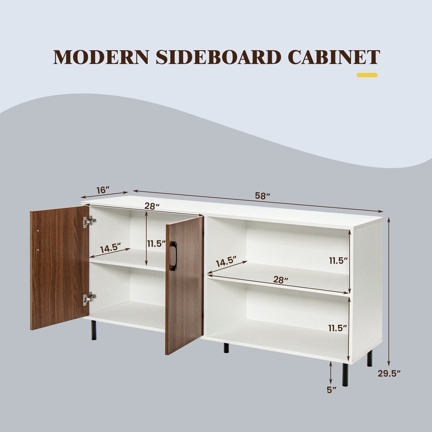 Contemporary Storage Sideboard Cabinet with 2 Doors and Open Display Shelves