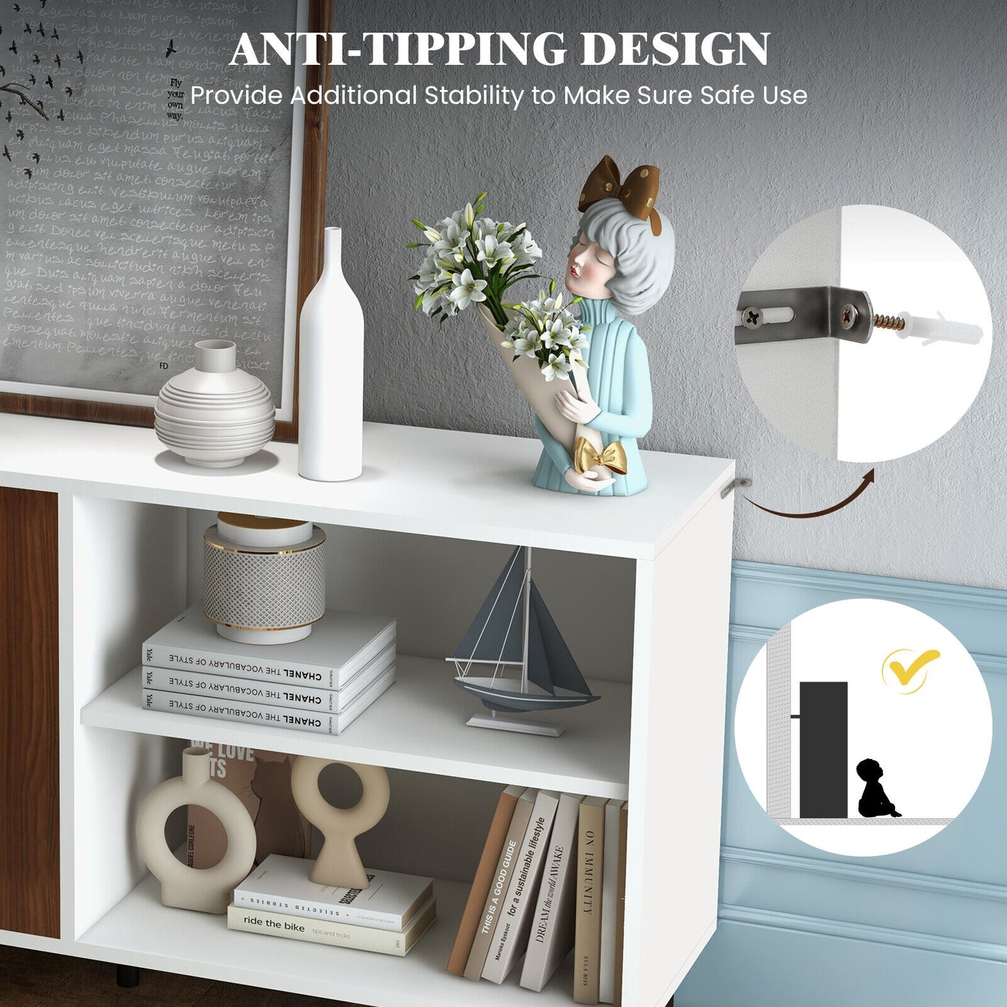 Contemporary Storage Sideboard Cabinet with 2 Doors and Open Display Shelves