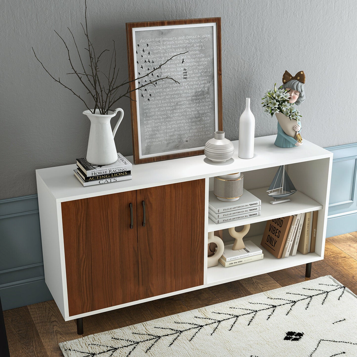 Contemporary Storage Sideboard Cabinet with 2 Doors and Open Display Shelves