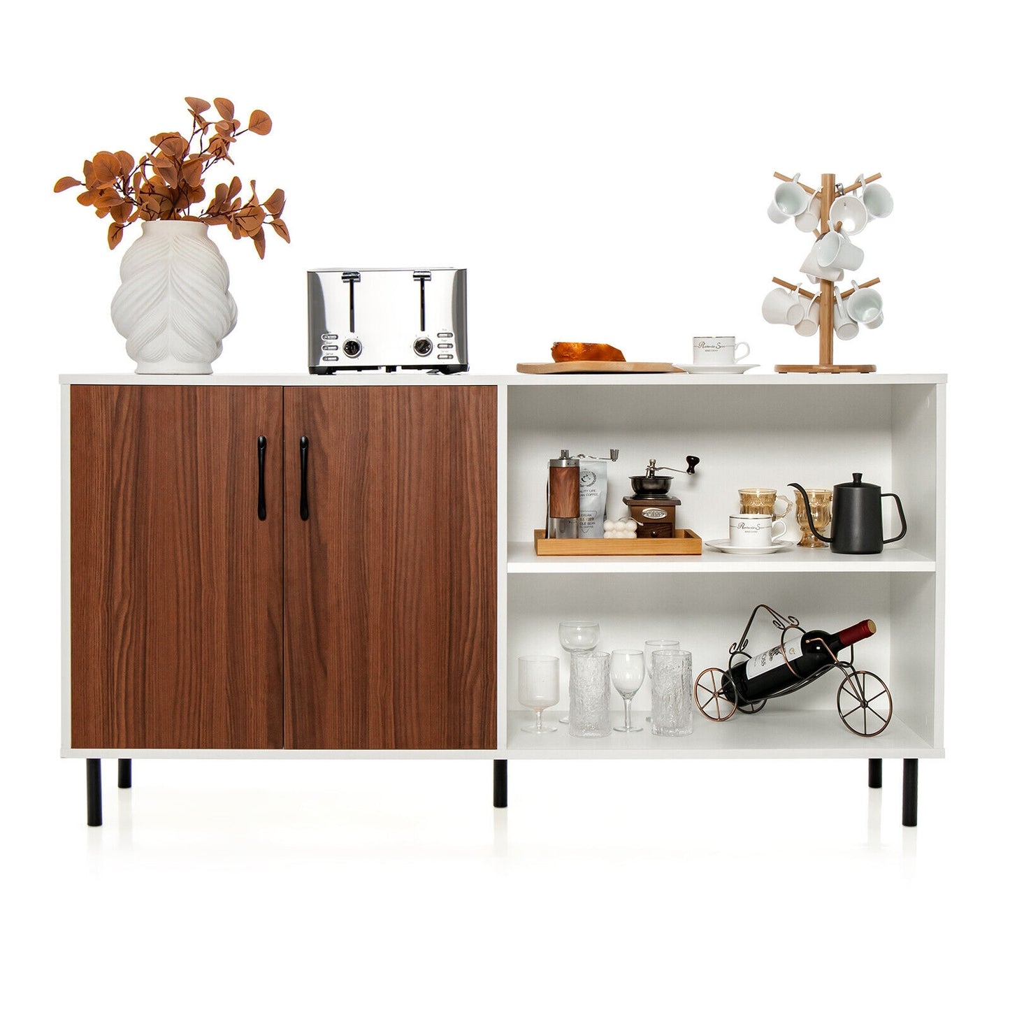 Contemporary Storage Sideboard Cabinet with 2 Doors and Open Display Shelves