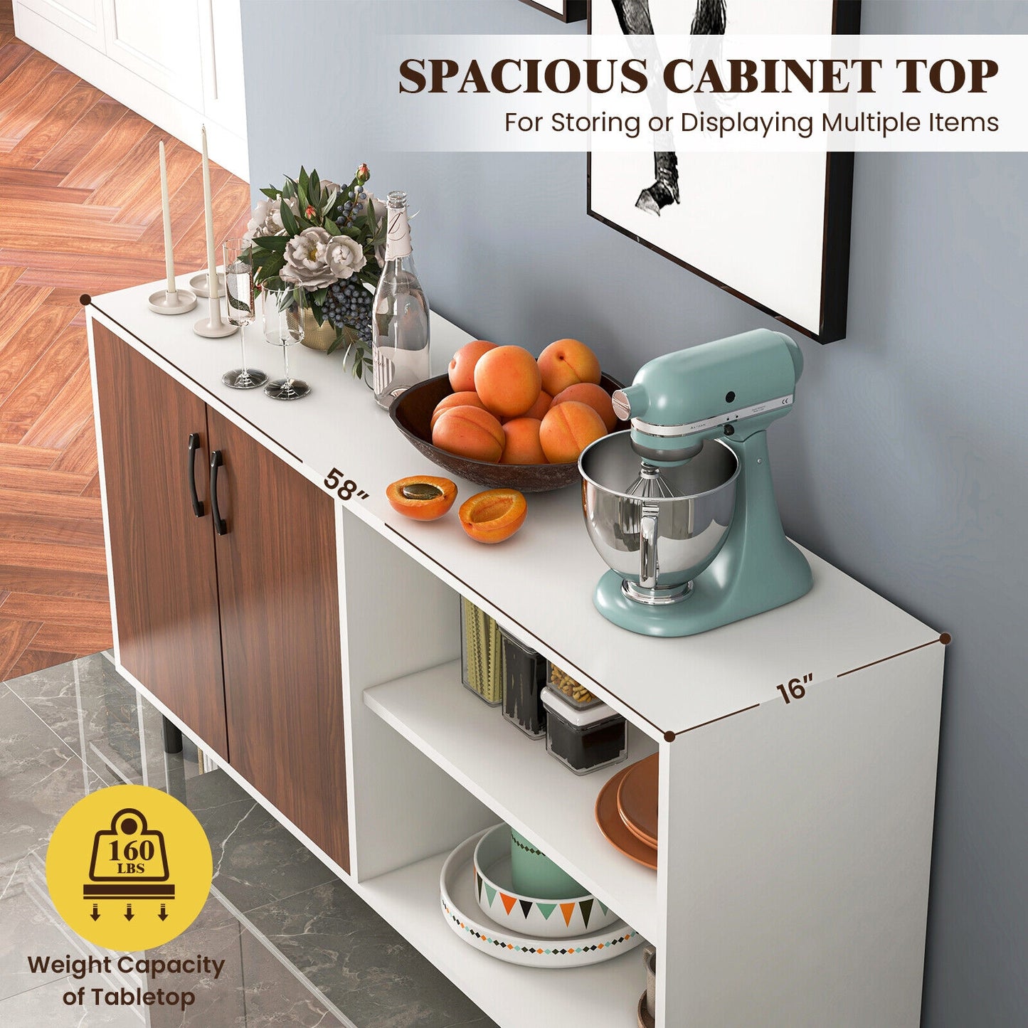 Contemporary Storage Sideboard Cabinet with 2 Doors and Open Display Shelves
