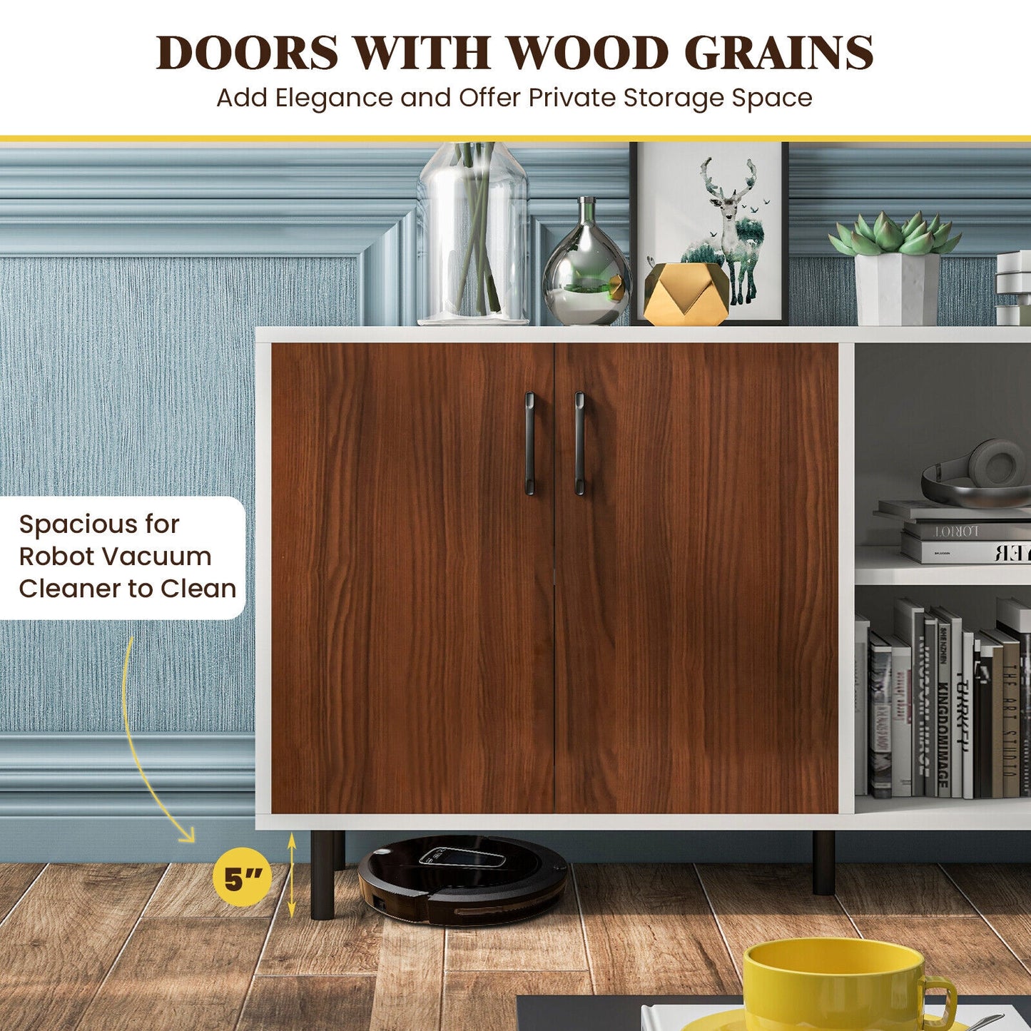Contemporary Storage Sideboard Cabinet with 2 Doors and Open Display Shelves