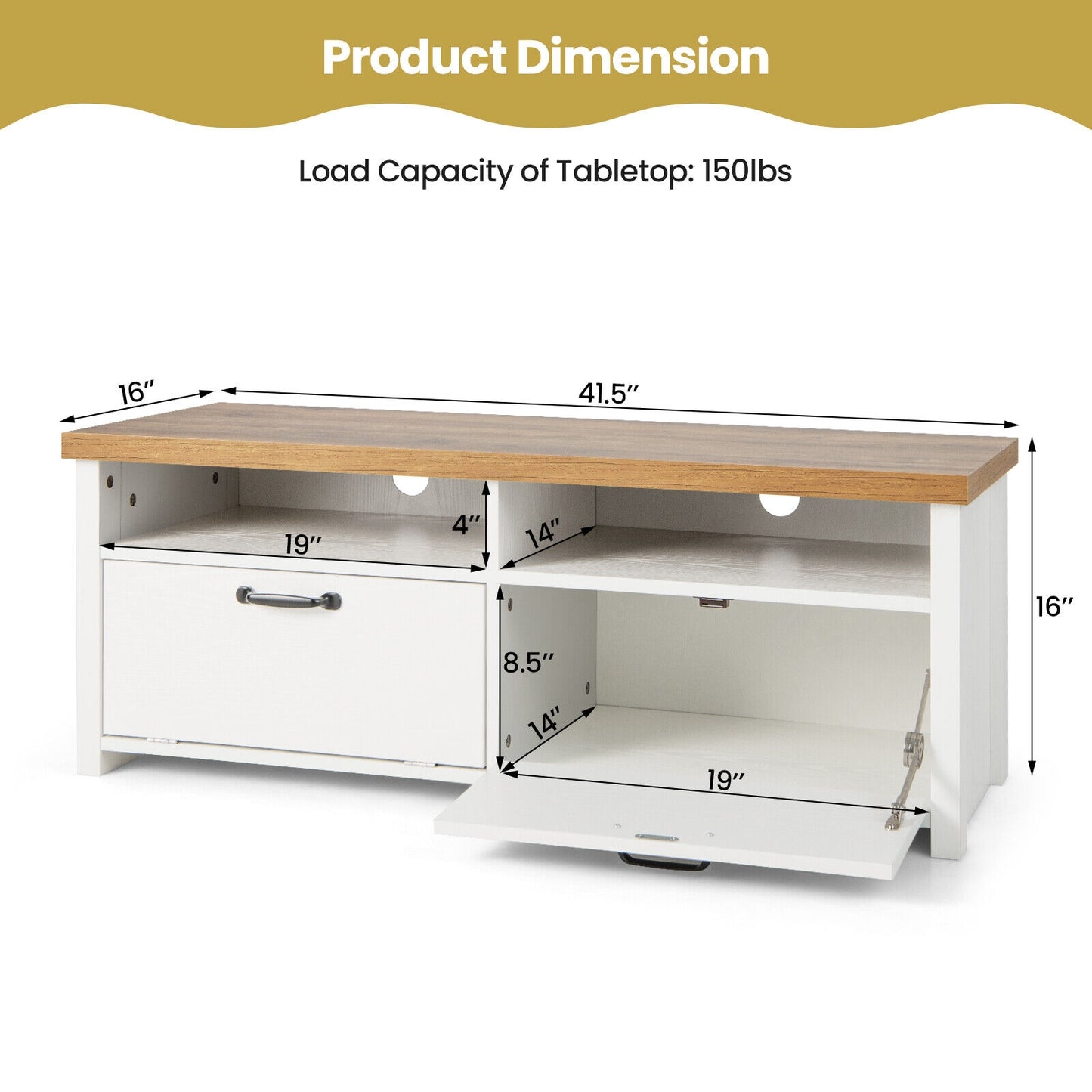Sleek TV Stand with Two Cabinets and Media Shelves for TVs up to 48 Inches
