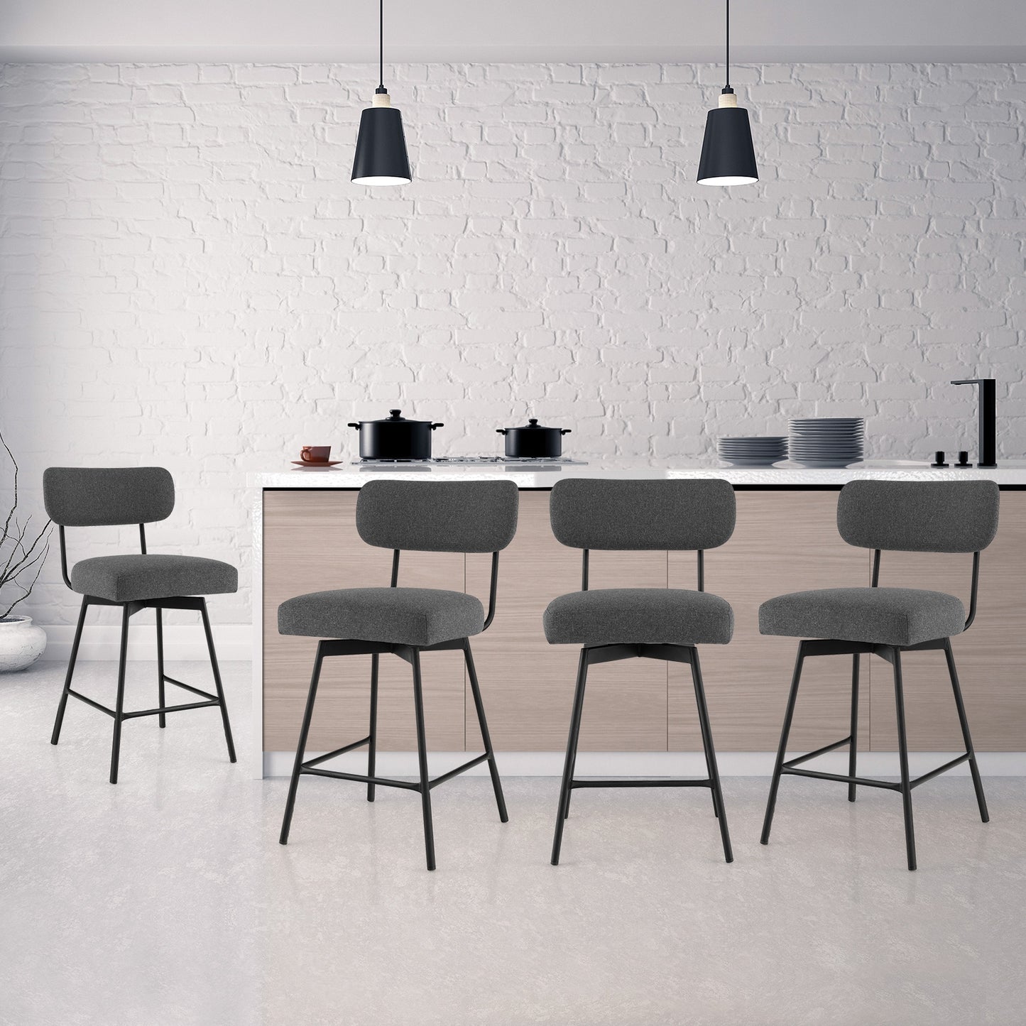 Set of 2 Modern 25″ Upholstered Bar Stools with Backrest and Footrests in Grey
