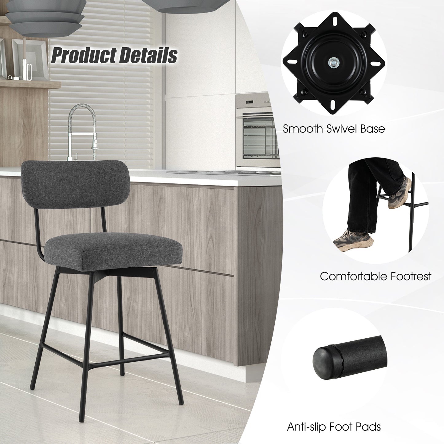 Set of 2 Modern 25″ Upholstered Bar Stools with Backrest and Footrests in Grey