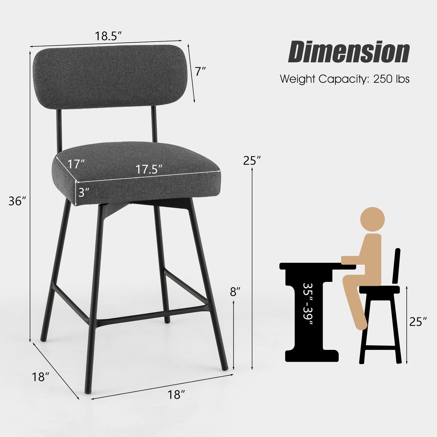Set of 2 Modern 25″ Upholstered Bar Stools with Backrest and Footrests in Grey