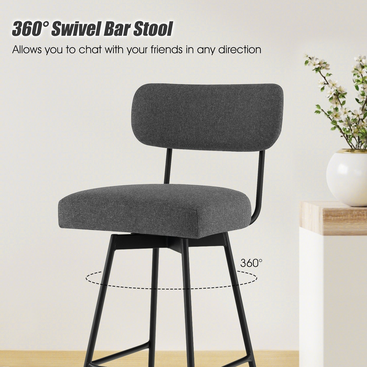 Set of 2 Modern 25″ Upholstered Bar Stools with Backrest and Footrests in Grey