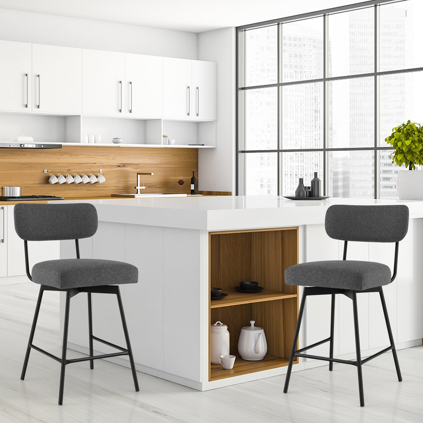Set of 2 Modern 25″ Upholstered Bar Stools with Backrest and Footrests in Grey