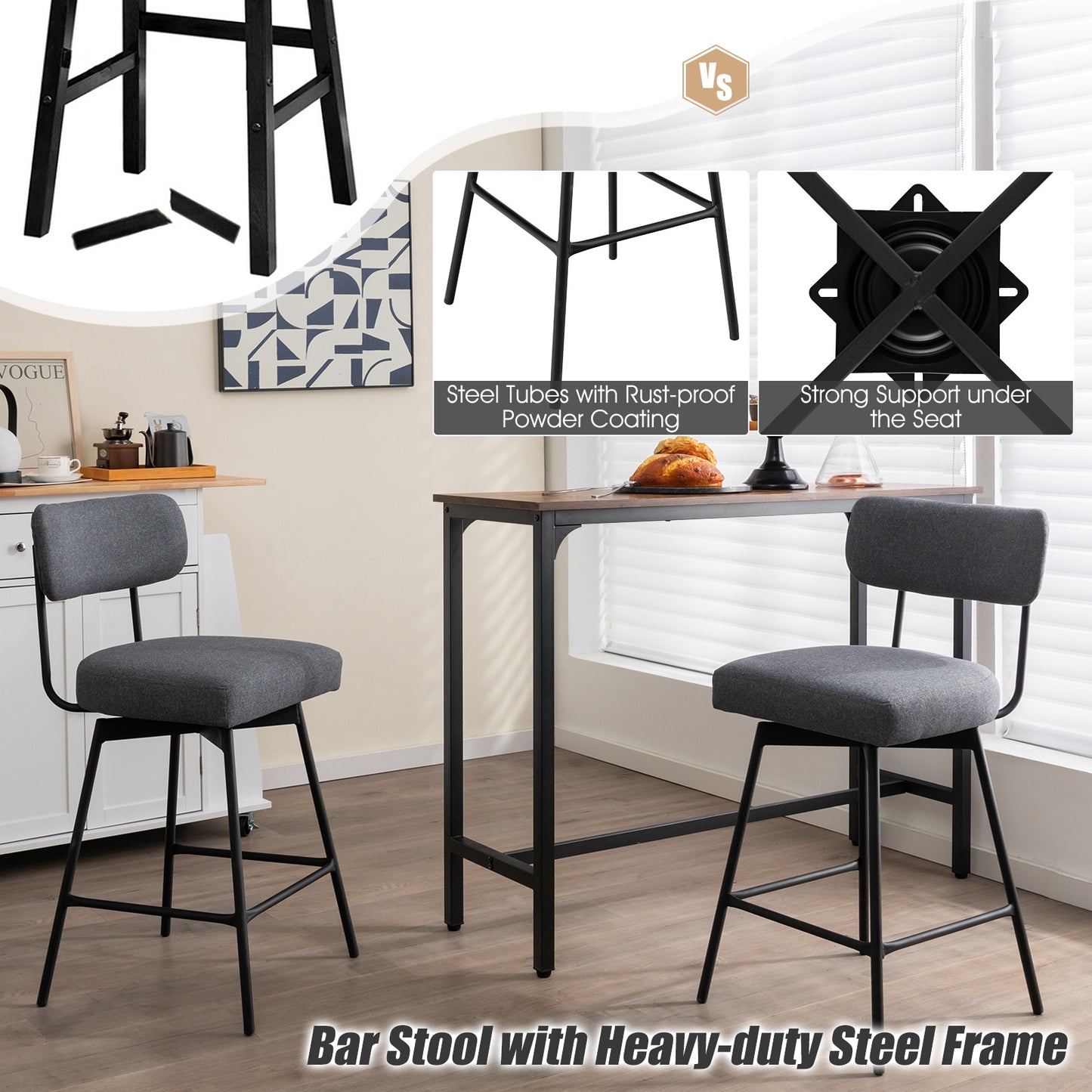 Set of 2 Modern 25″ Upholstered Bar Stools with Backrest and Footrests in Grey