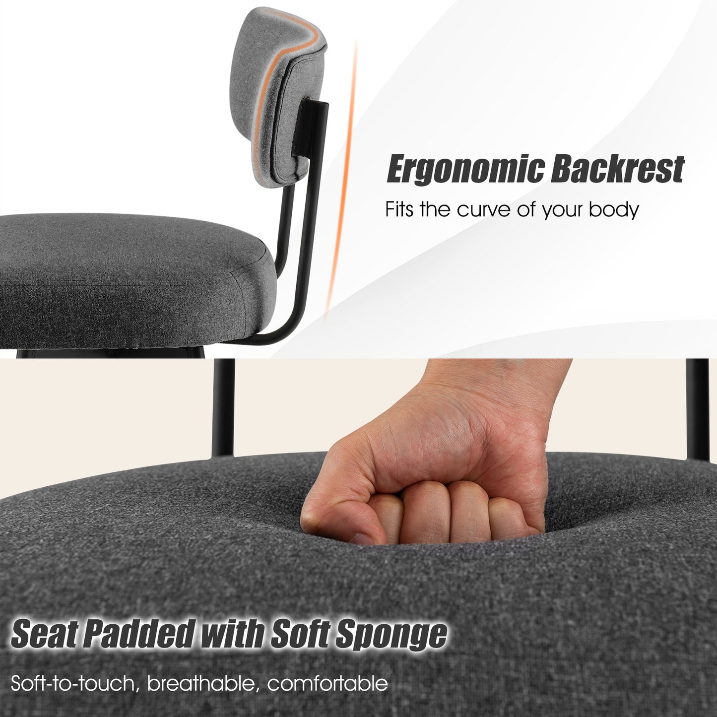 Set of 2 Modern 25″ Upholstered Bar Stools with Backrest and Footrests in Grey