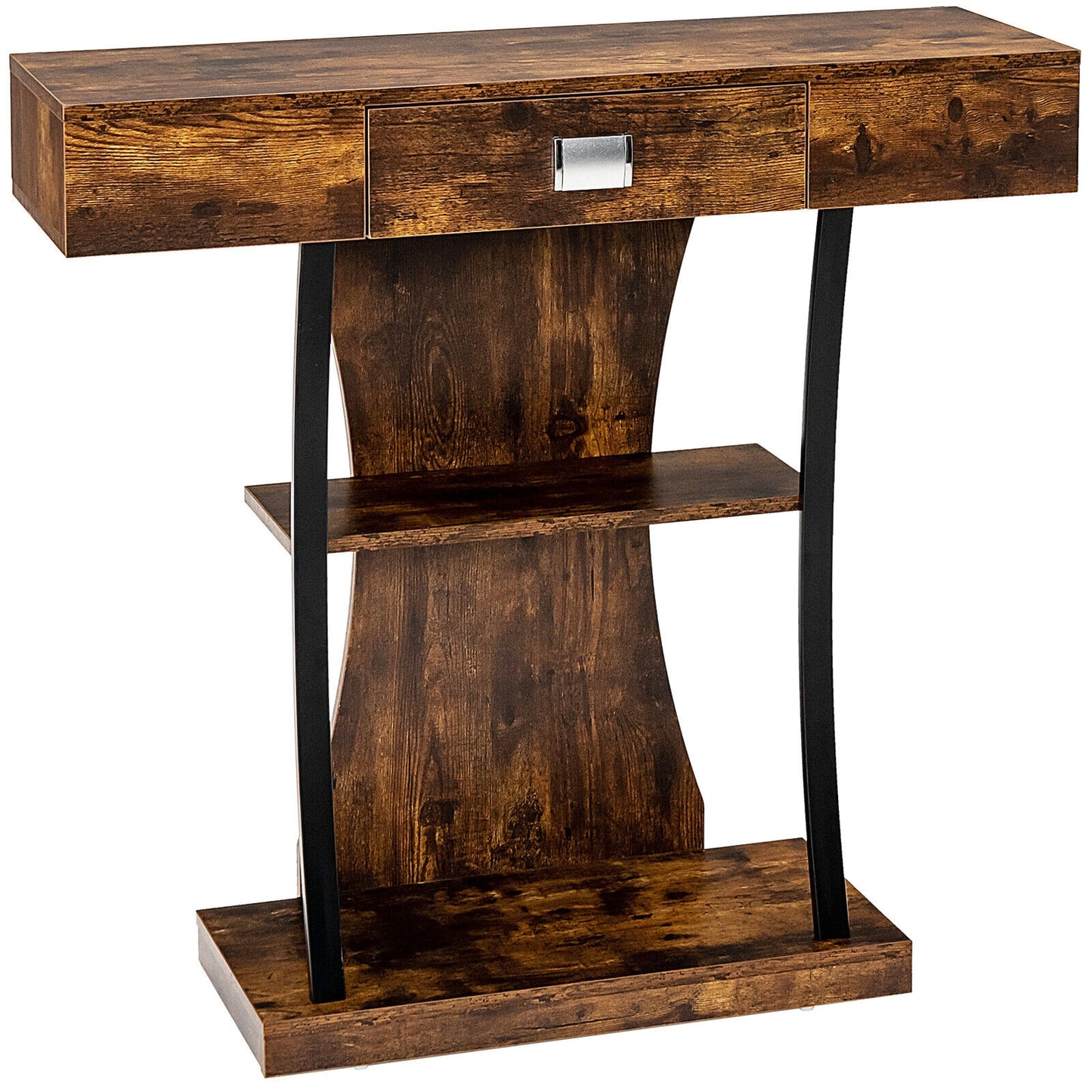 Entryway Console Table with Drawer and 2-Tier Shelves, Modern Accent Furniture, Rustic Brown