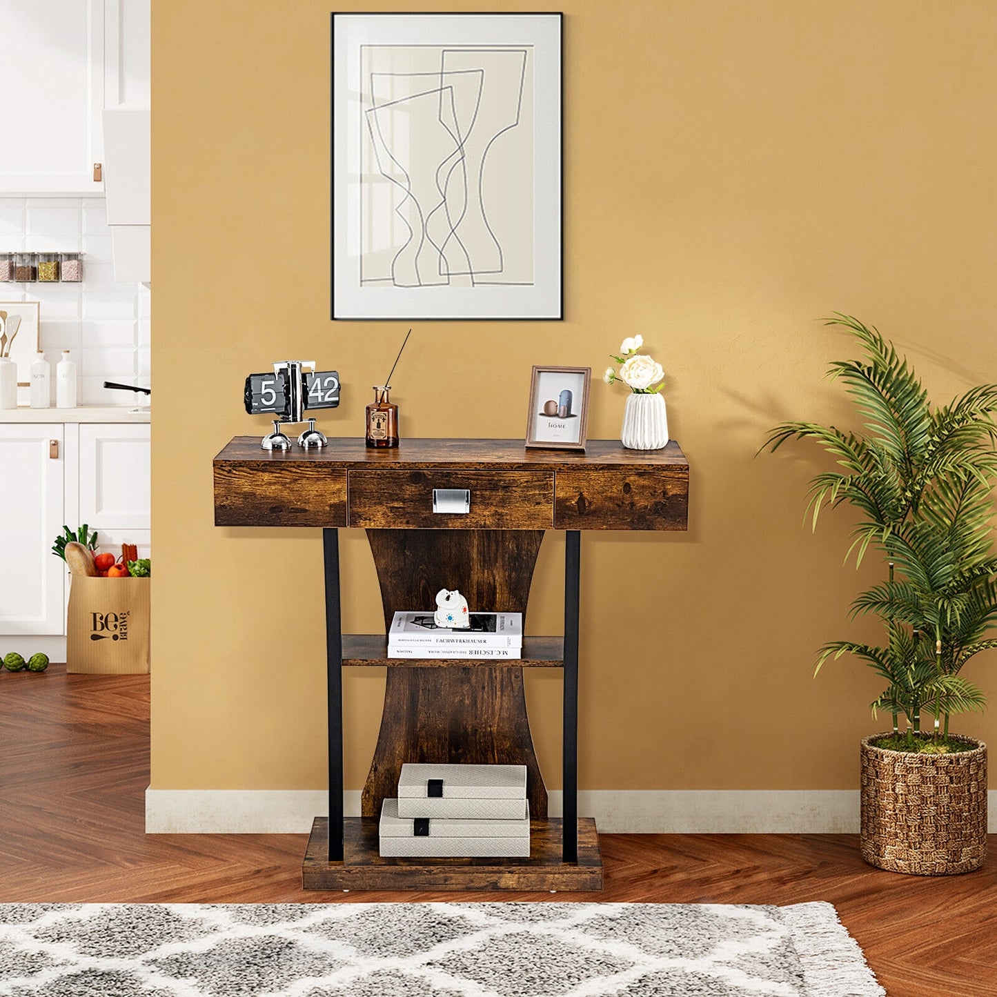 Entryway Console Table with Drawer and 2-Tier Shelves, Modern Accent Furniture, Rustic Brown