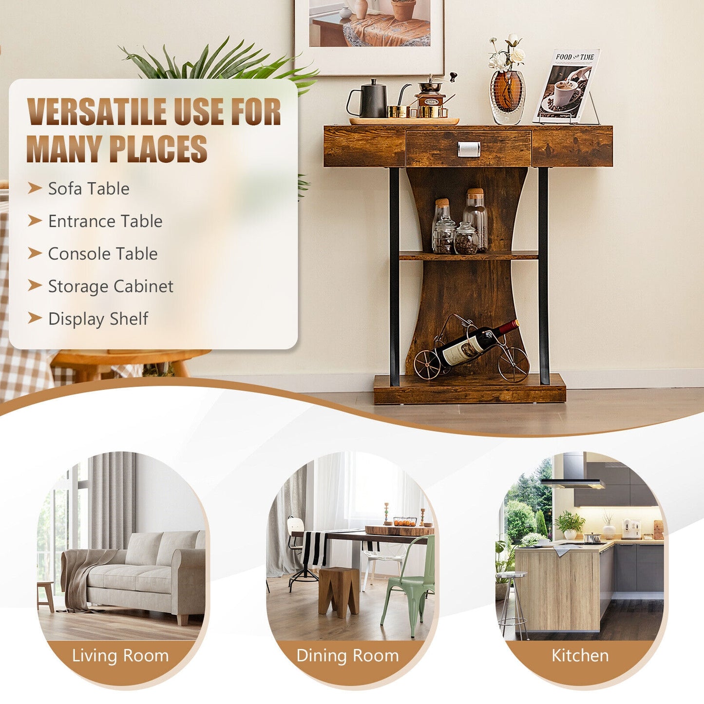 Entryway Console Table with Drawer and 2-Tier Shelves, Modern Accent Furniture, Rustic Brown