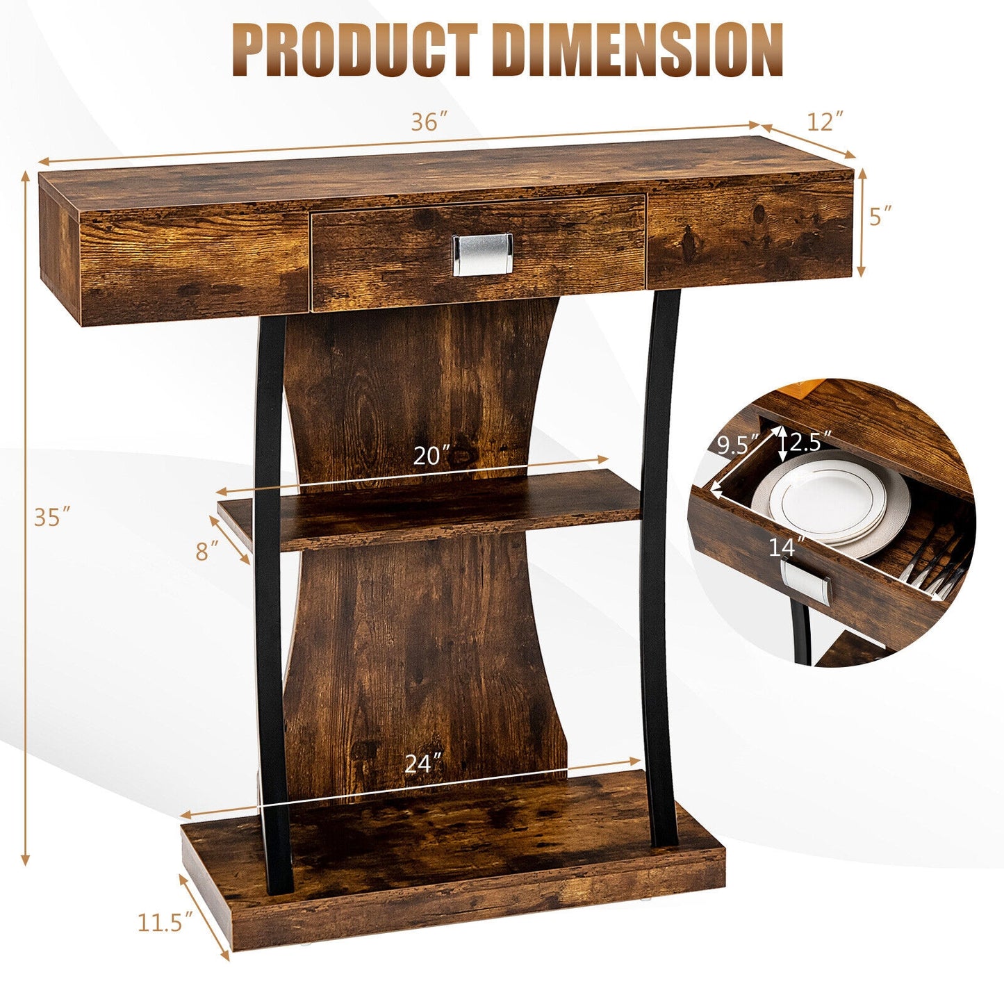 Entryway Console Table with Drawer and 2-Tier Shelves, Modern Accent Furniture, Rustic Brown
