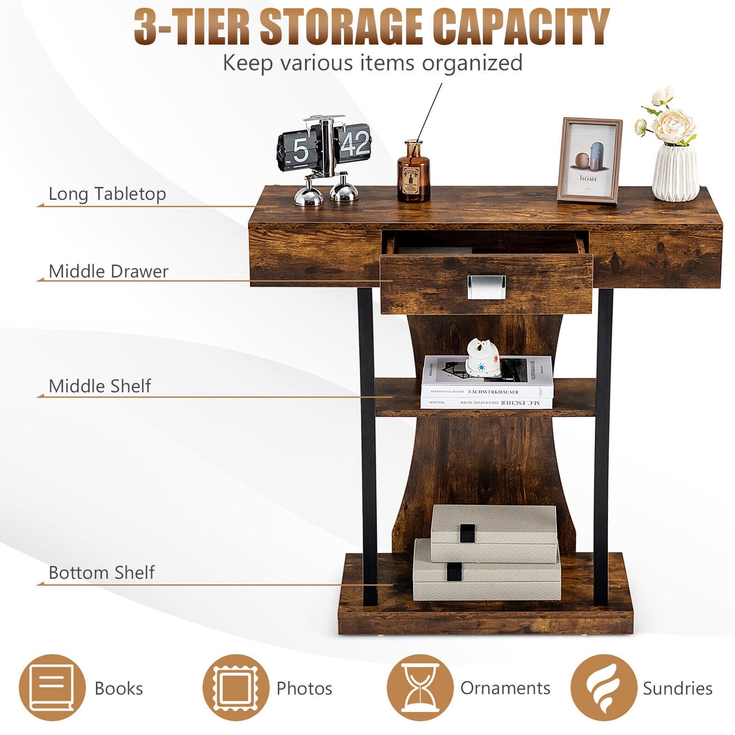 Entryway Console Table with Drawer and 2-Tier Shelves, Modern Accent Furniture, Rustic Brown