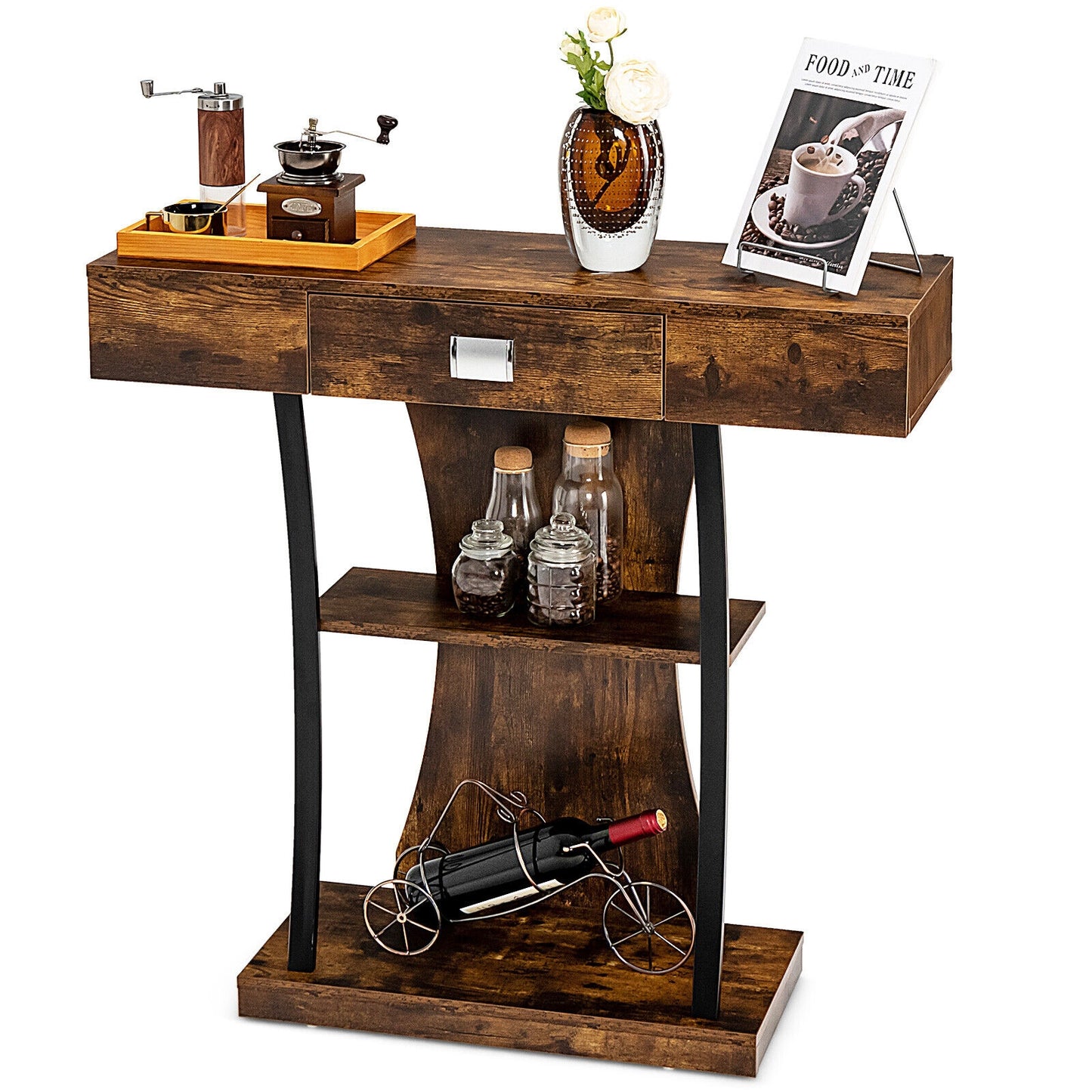 Entryway Console Table with Drawer and 2-Tier Shelves, Modern Accent Furniture, Rustic Brown