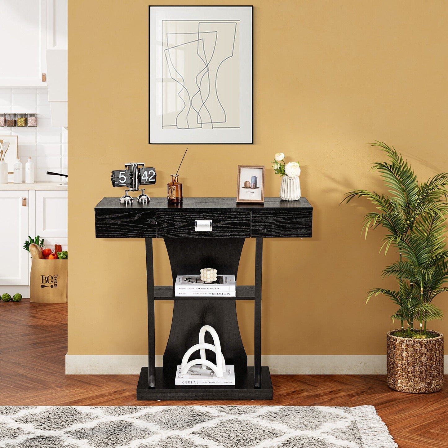 Entryway Console Table with Drawer and 2-Tier Shelves, Modern Accent Furniture, Black