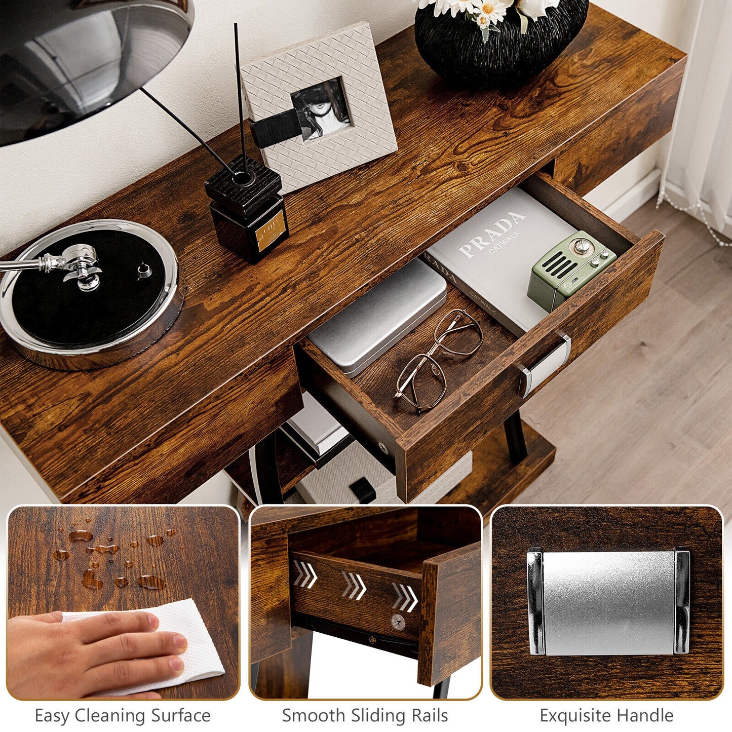 Entryway Console Table with Drawer and 2-Tier Shelves, Modern Accent Furniture, Rustic Brown