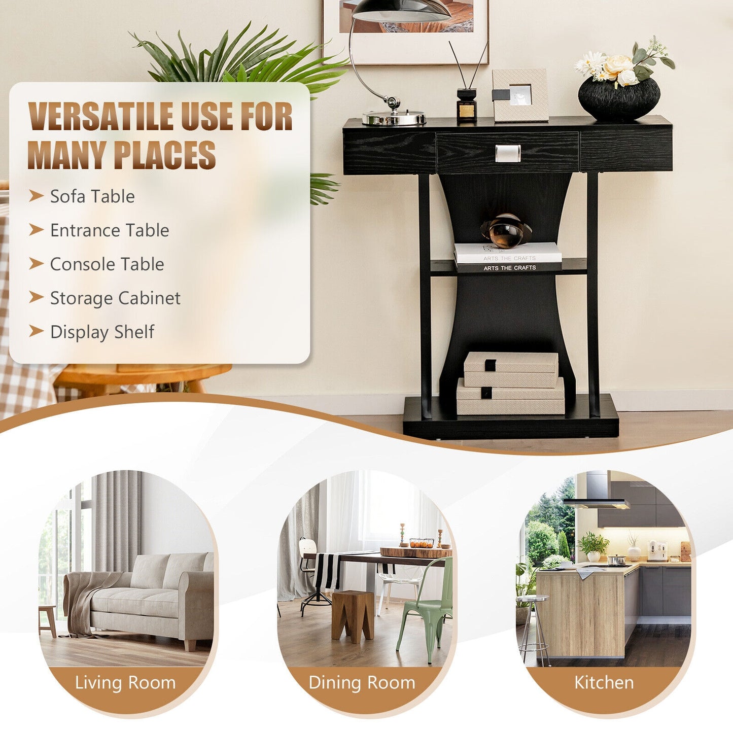 Entryway Console Table with Drawer and 2-Tier Shelves, Modern Accent Furniture, Black