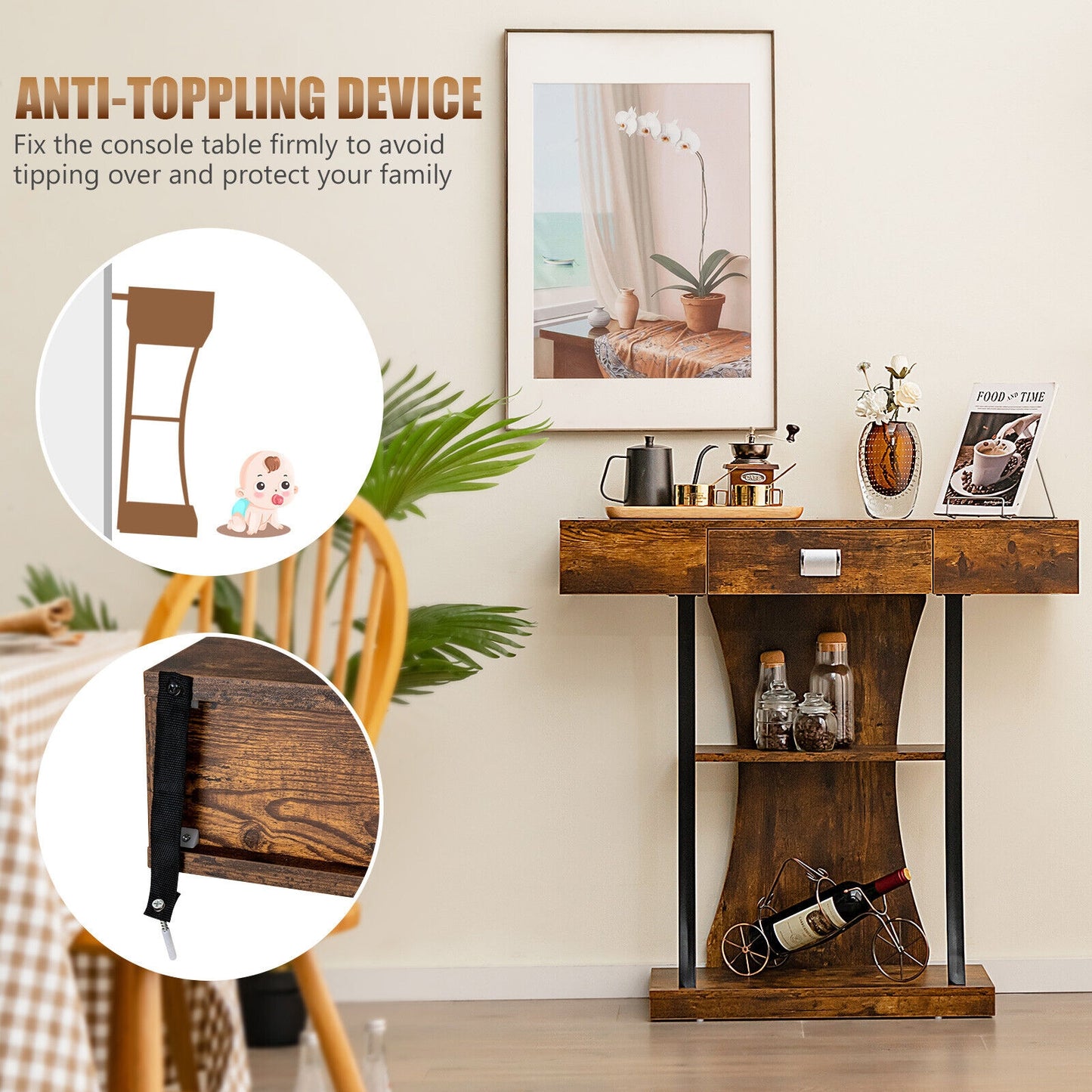 Entryway Console Table with Drawer and 2-Tier Shelves, Modern Accent Furniture, Rustic Brown