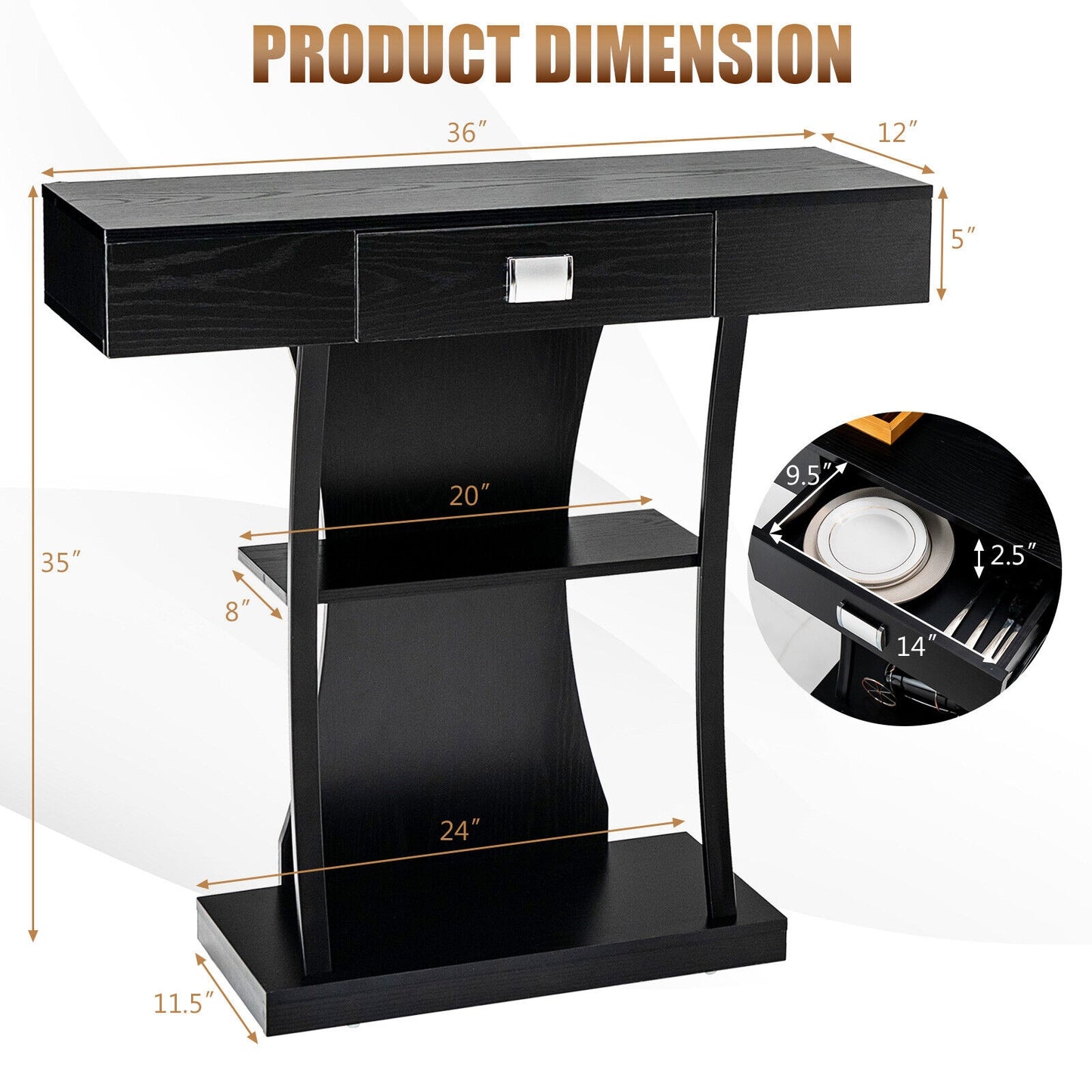 Entryway Console Table with Drawer and 2-Tier Shelves, Modern Accent Furniture, Black