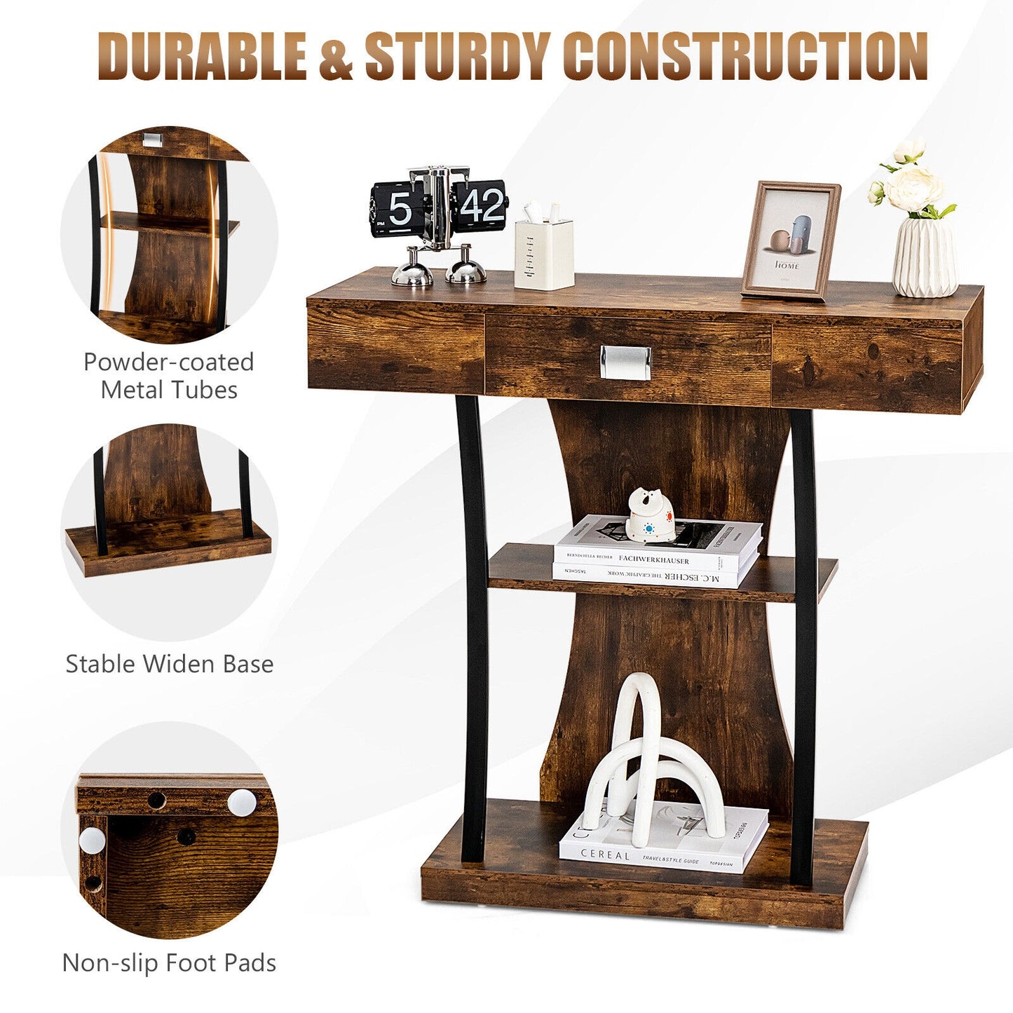 Entryway Console Table with Drawer and 2-Tier Shelves, Modern Accent Furniture, Rustic Brown