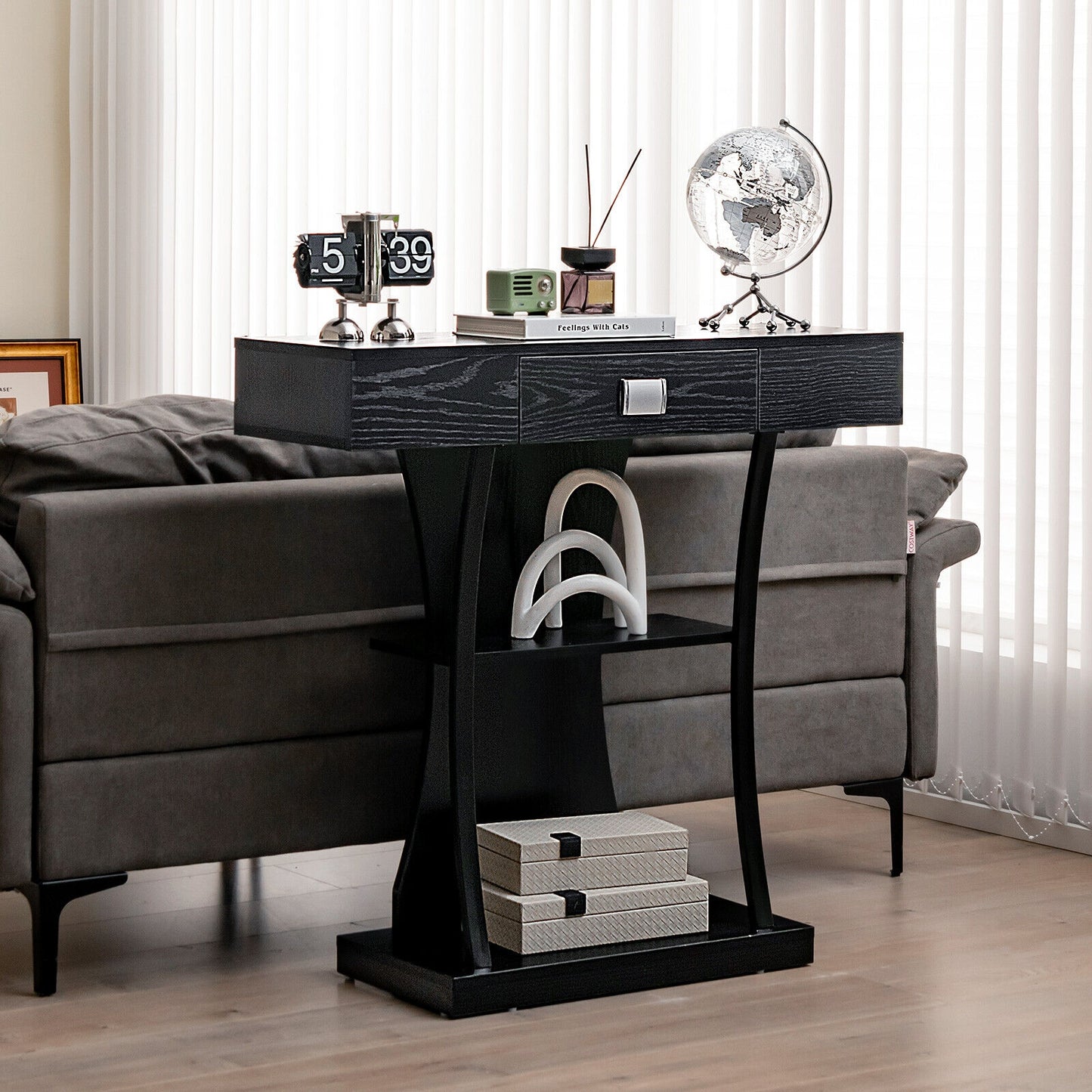 Entryway Console Table with Drawer and 2-Tier Shelves, Modern Accent Furniture, Black