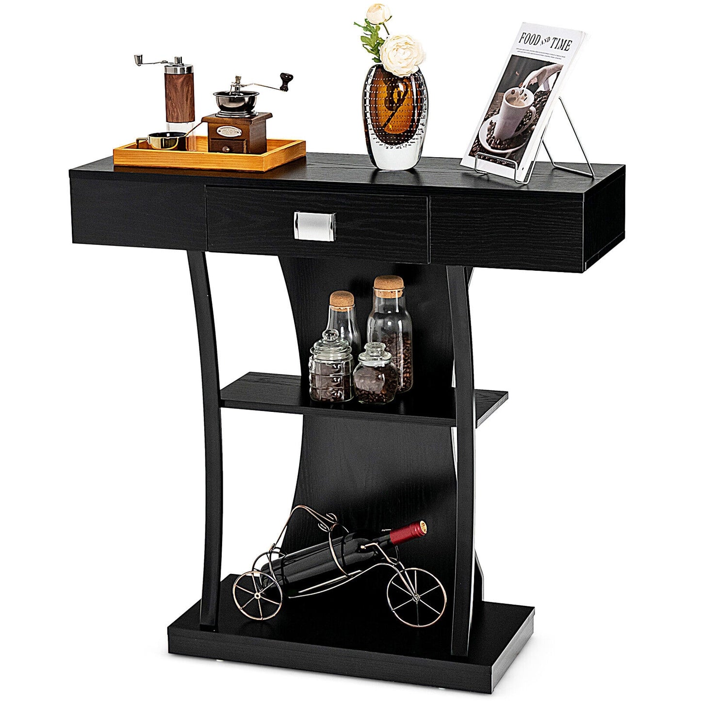 Entryway Console Table with Drawer and 2-Tier Shelves, Modern Accent Furniture, Black