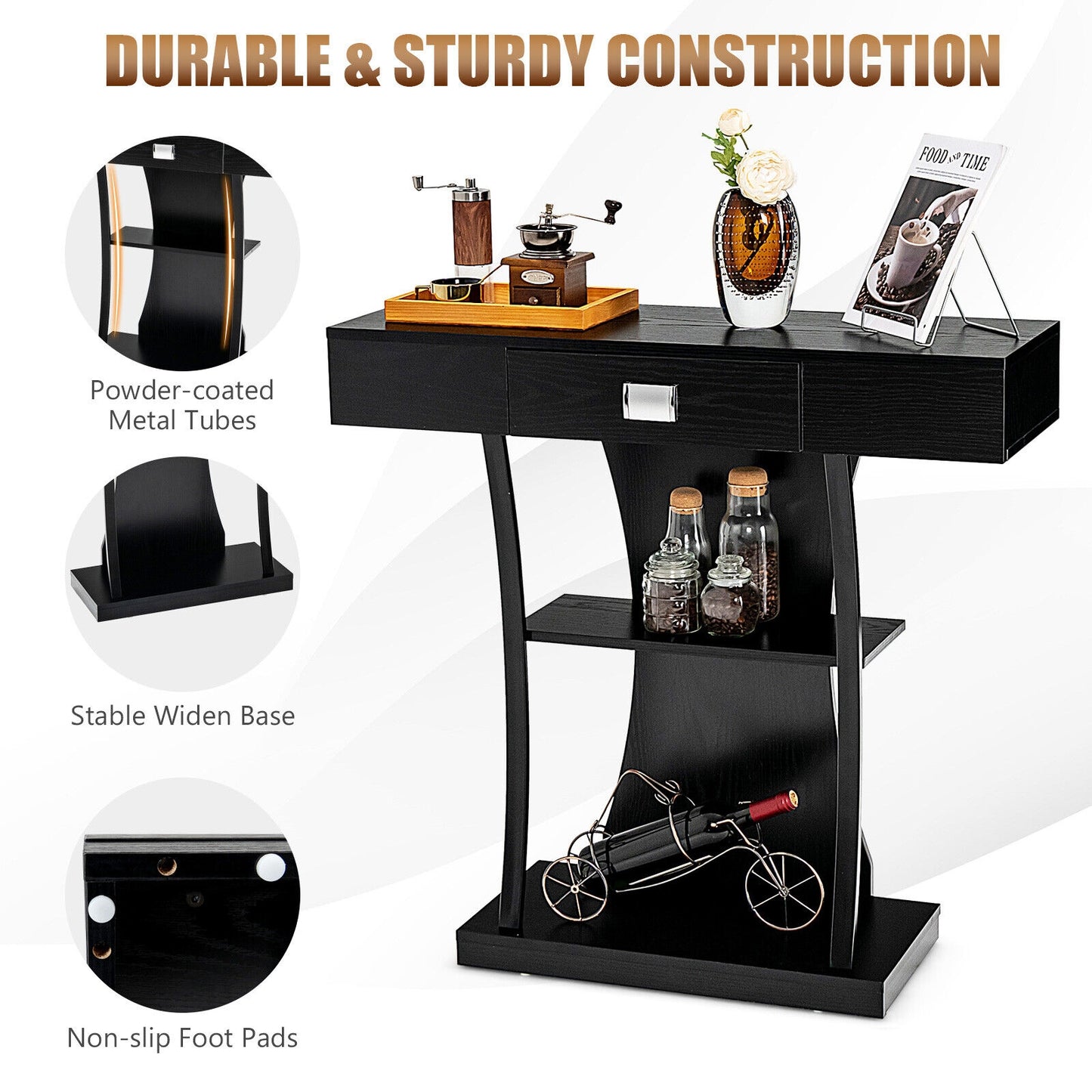 Entryway Console Table with Drawer and 2-Tier Shelves, Modern Accent Furniture, Black