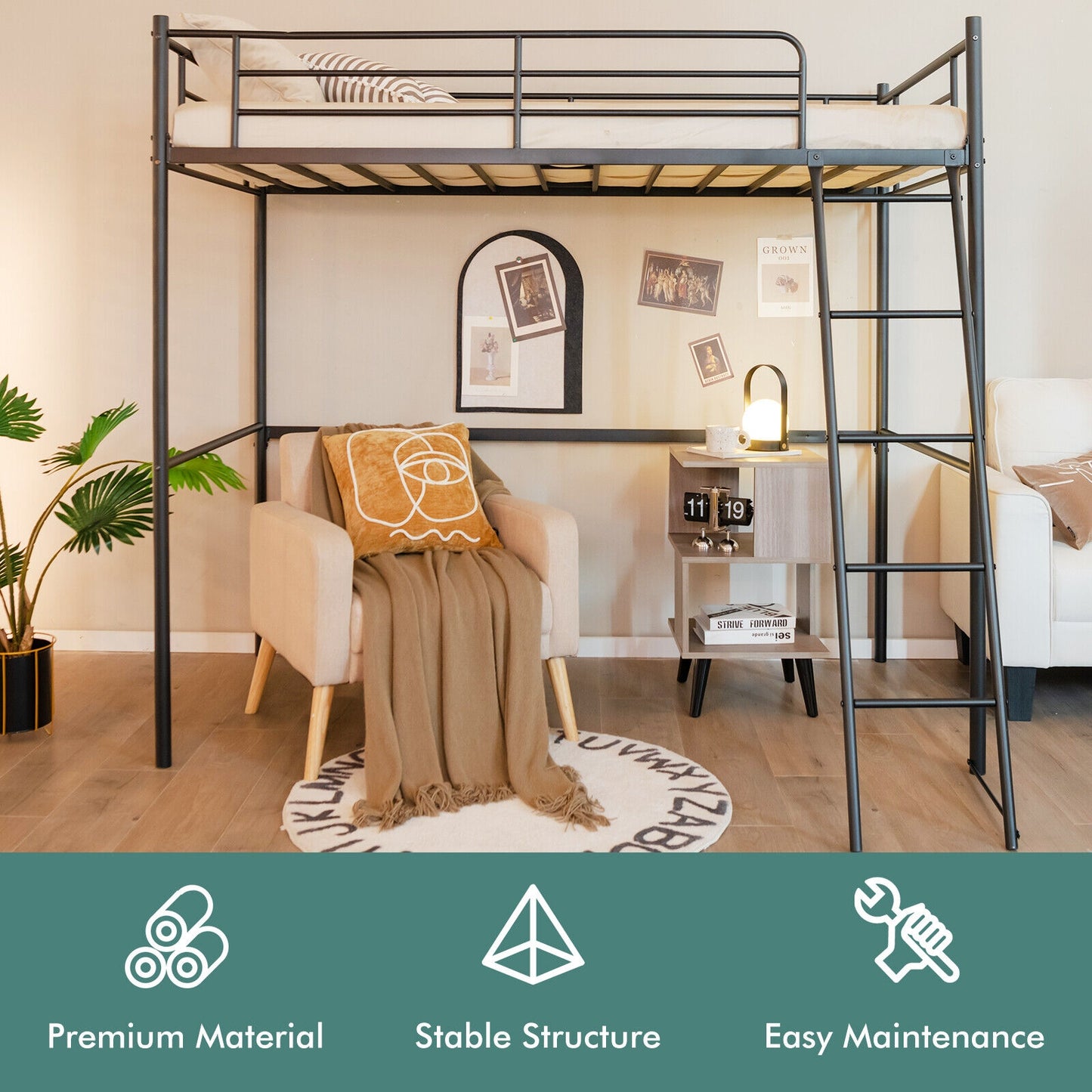 Durable Twin Metal Loft Bed with Ladder and High Safety Guardrails