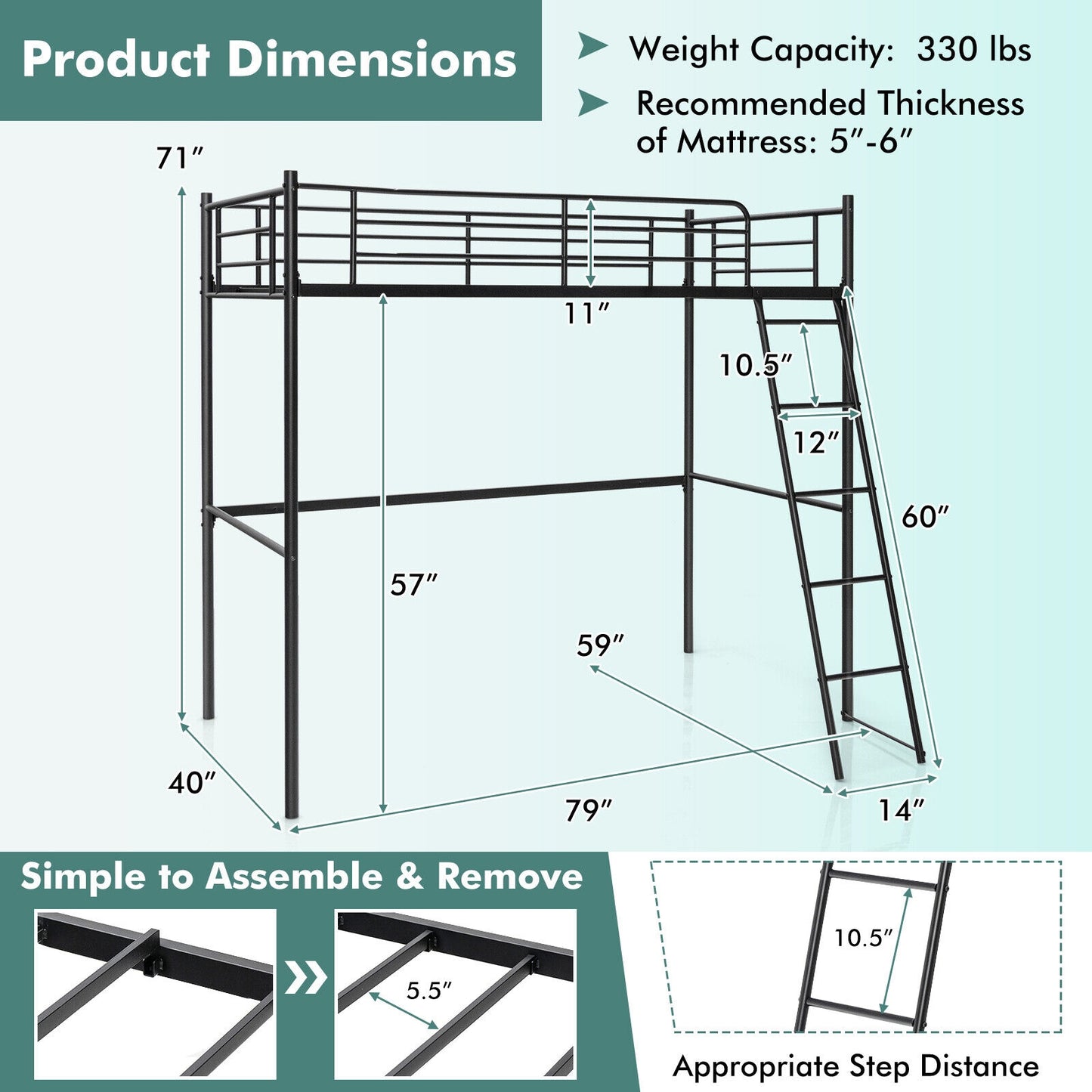 Durable Twin Metal Loft Bed with Ladder and High Safety Guardrails