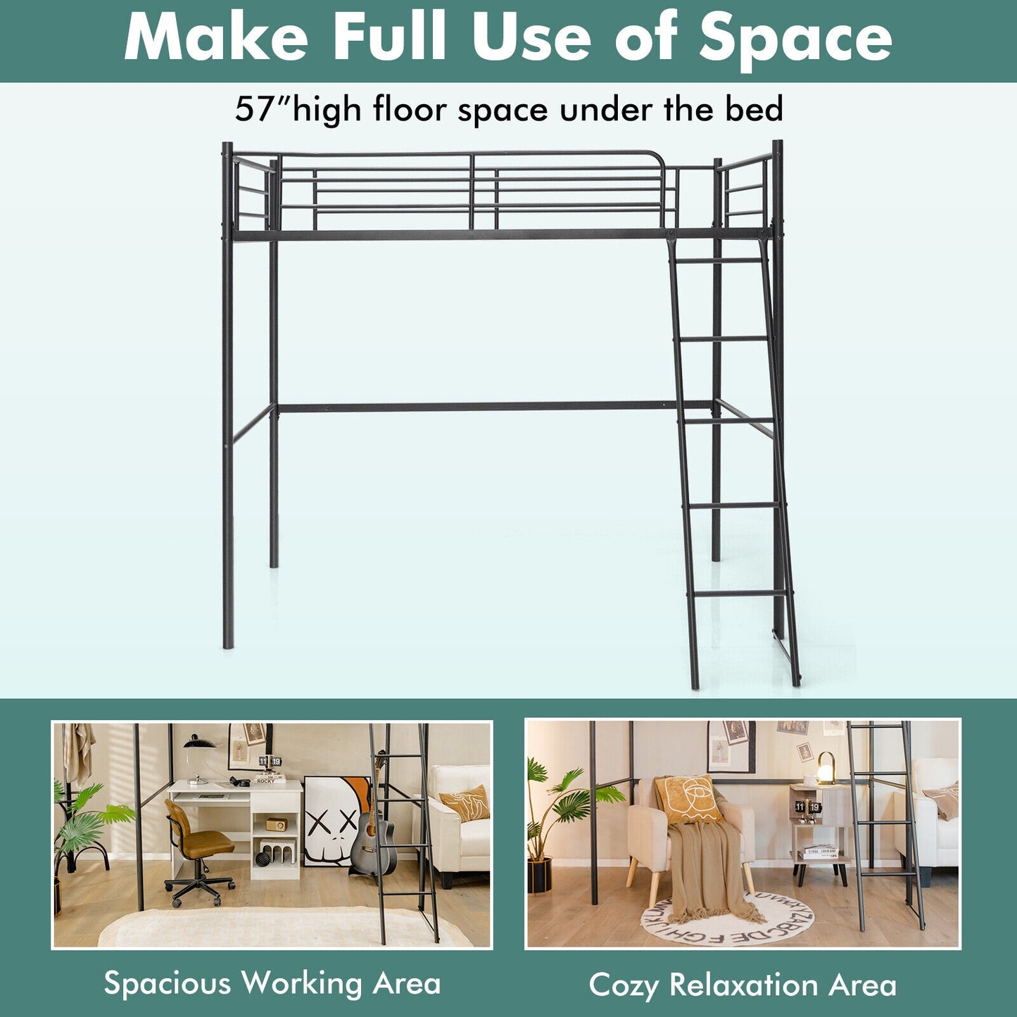 Durable Twin Metal Loft Bed with Ladder and High Safety Guardrails