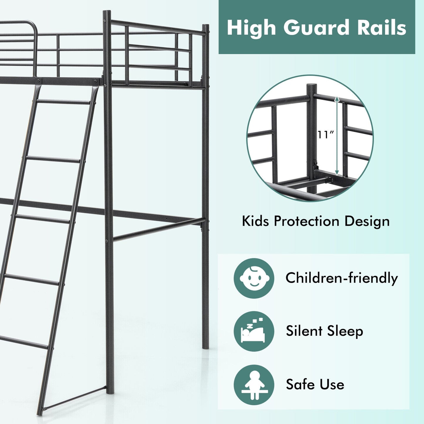Durable Twin Metal Loft Bed with Ladder and High Safety Guardrails