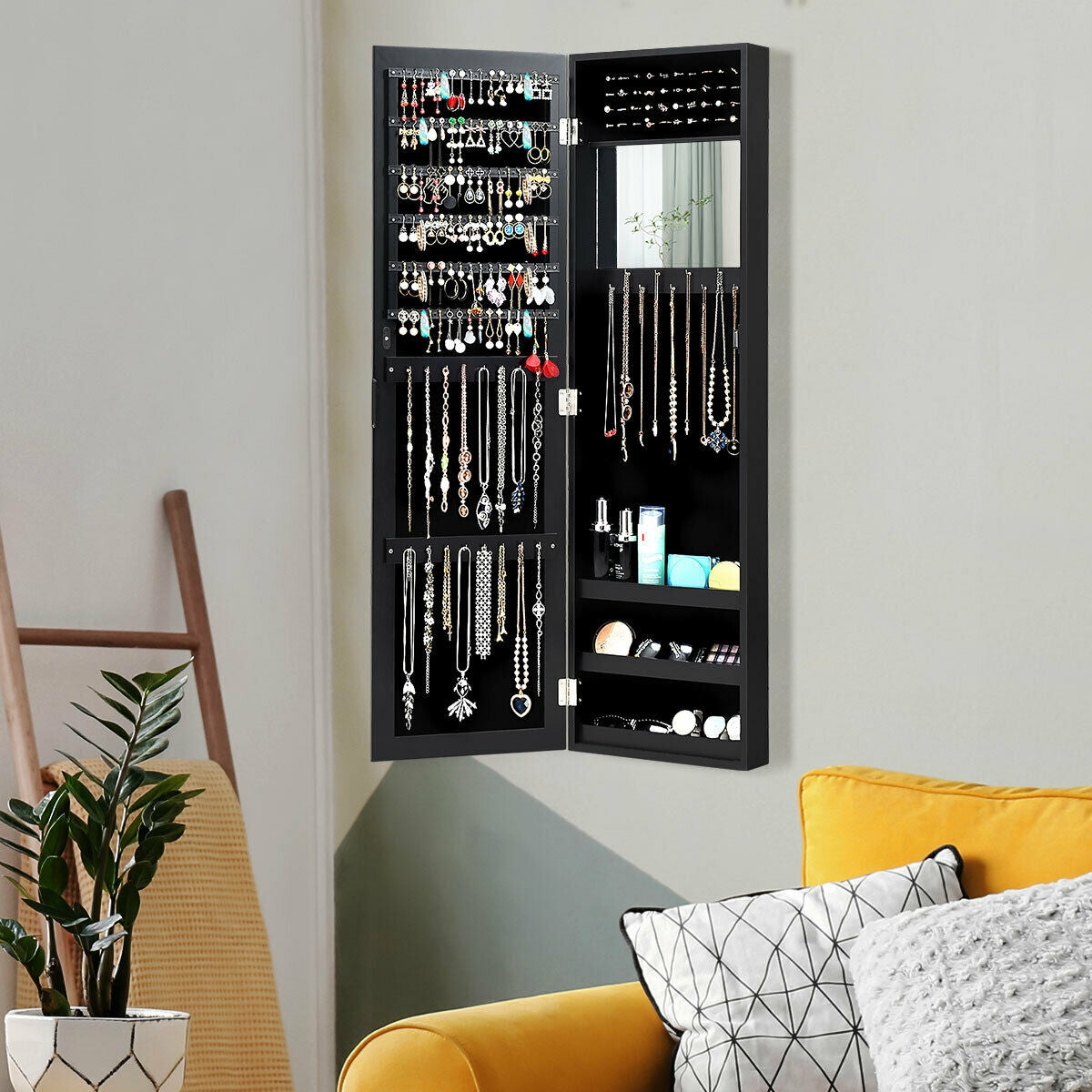 Wall & Door Mounted Full Length Mirror Jewelry Armoire with Ring Slots, Necklace Hooks and Storage Shelves – Black