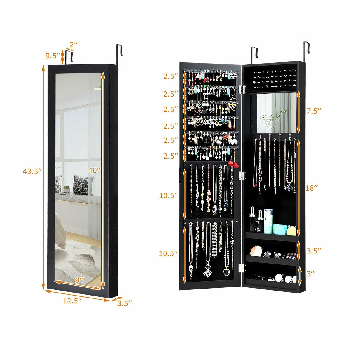 Wall & Door Mounted Full Length Mirror Jewelry Armoire with Ring Slots, Necklace Hooks and Storage Shelves – Black