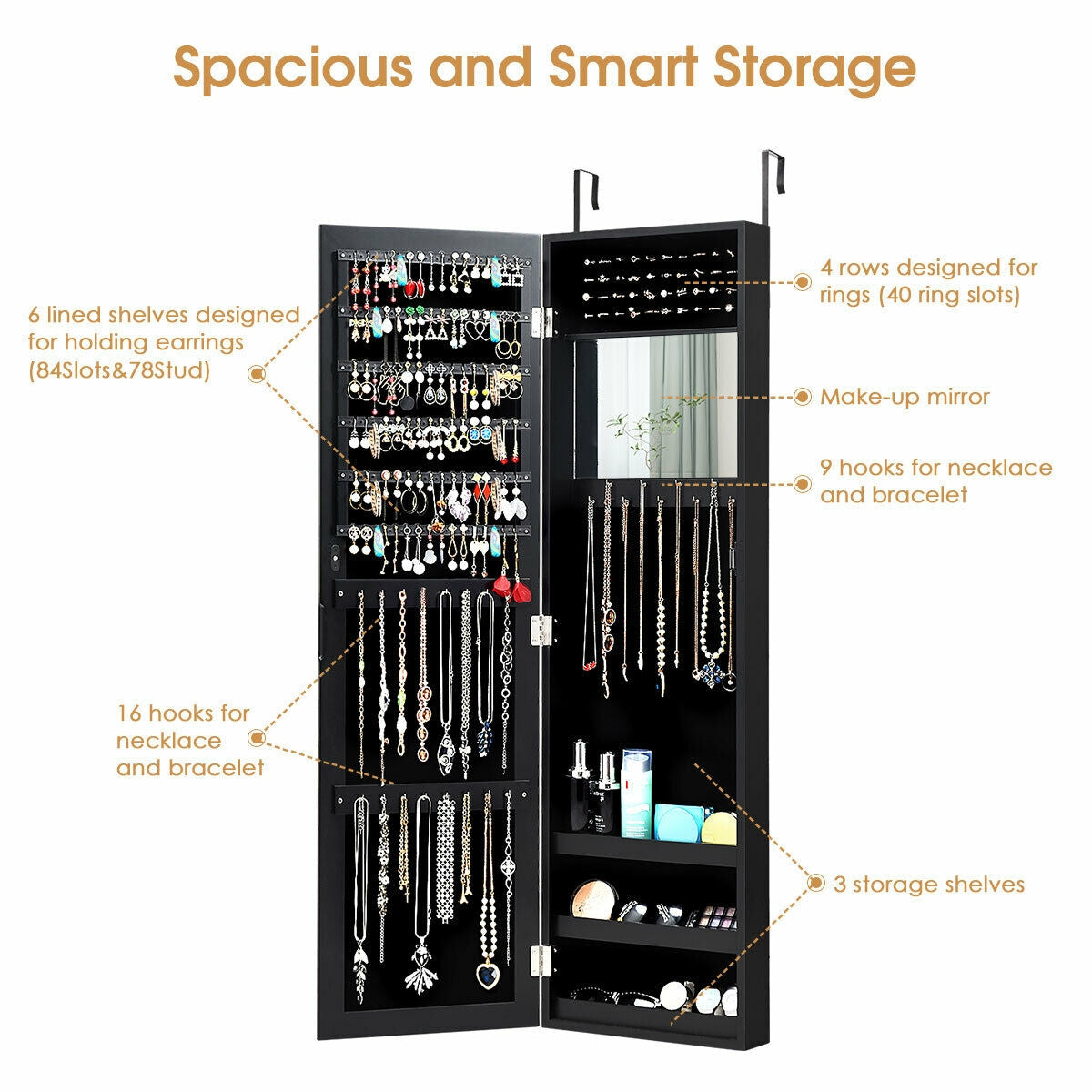 Wall & Door Mounted Full Length Mirror Jewelry Armoire with Ring Slots, Necklace Hooks and Storage Shelves – Black