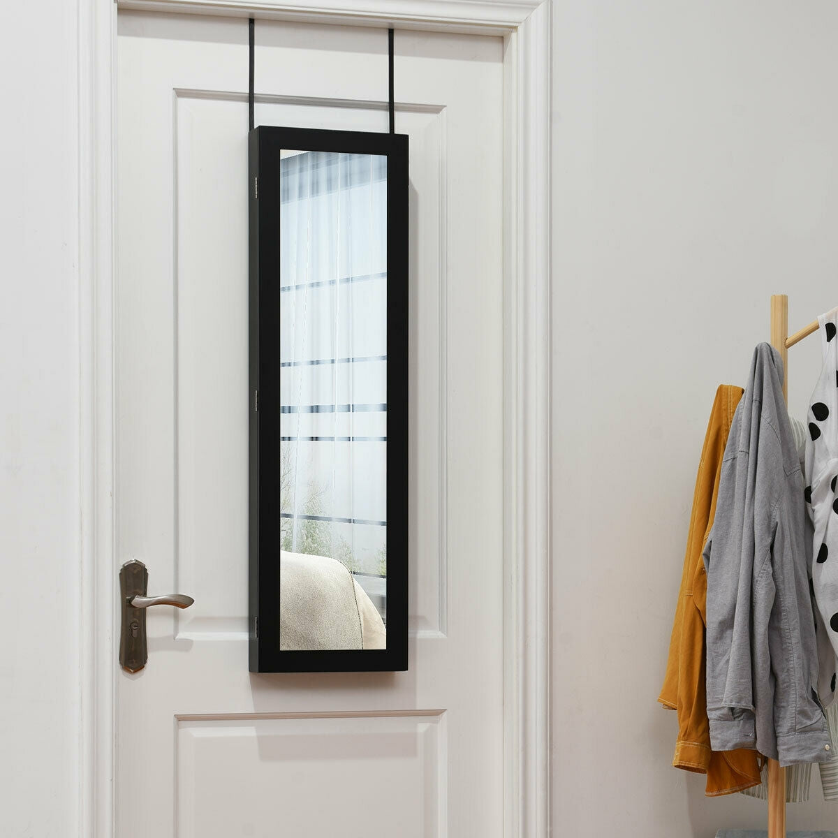Wall & Door Mounted Full Length Mirror Jewelry Armoire with Ring Slots, Necklace Hooks and Storage Shelves – Black