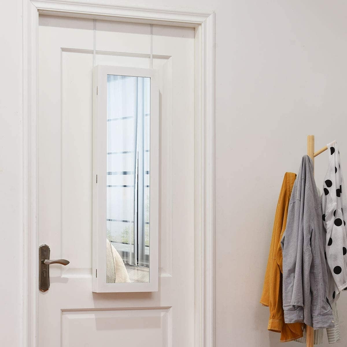 Wall & Door Mounted Full Length Mirror Jewelry Armoire with Ring Slots, Necklace Hooks and Storage Shelves – White