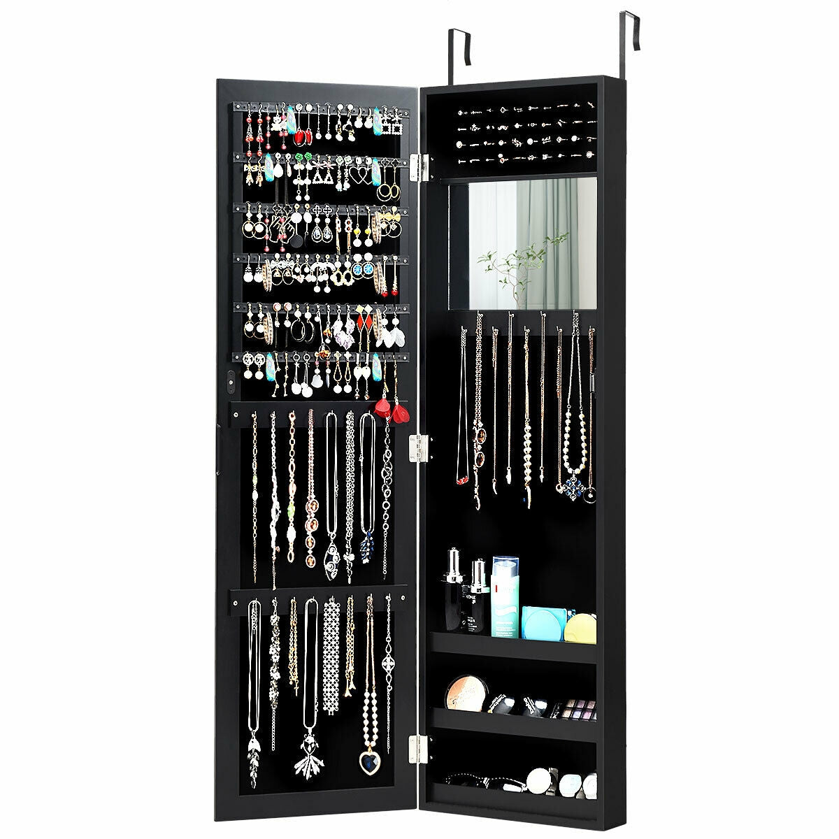 Wall & Door Mounted Full Length Mirror Jewelry Armoire with Ring Slots, Necklace Hooks and Storage Shelves – Black